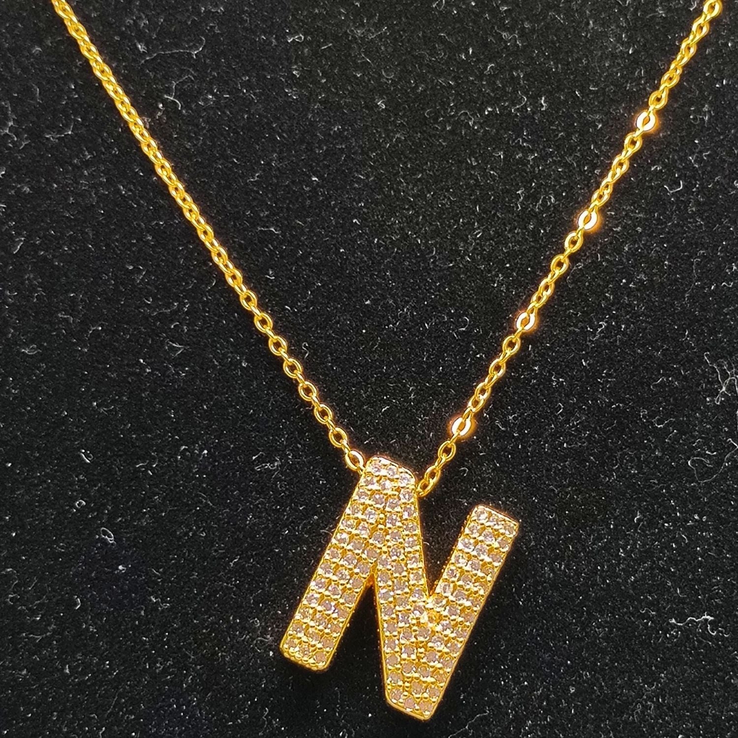 Personalized Charm – Gold “N” Initial Pendant with Crystals