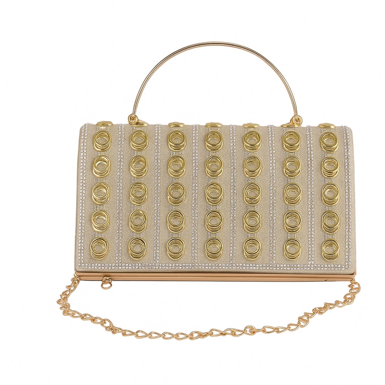 Golden Studded Designer Clutch Bag – Elegant Party Wear with Handle & Chain