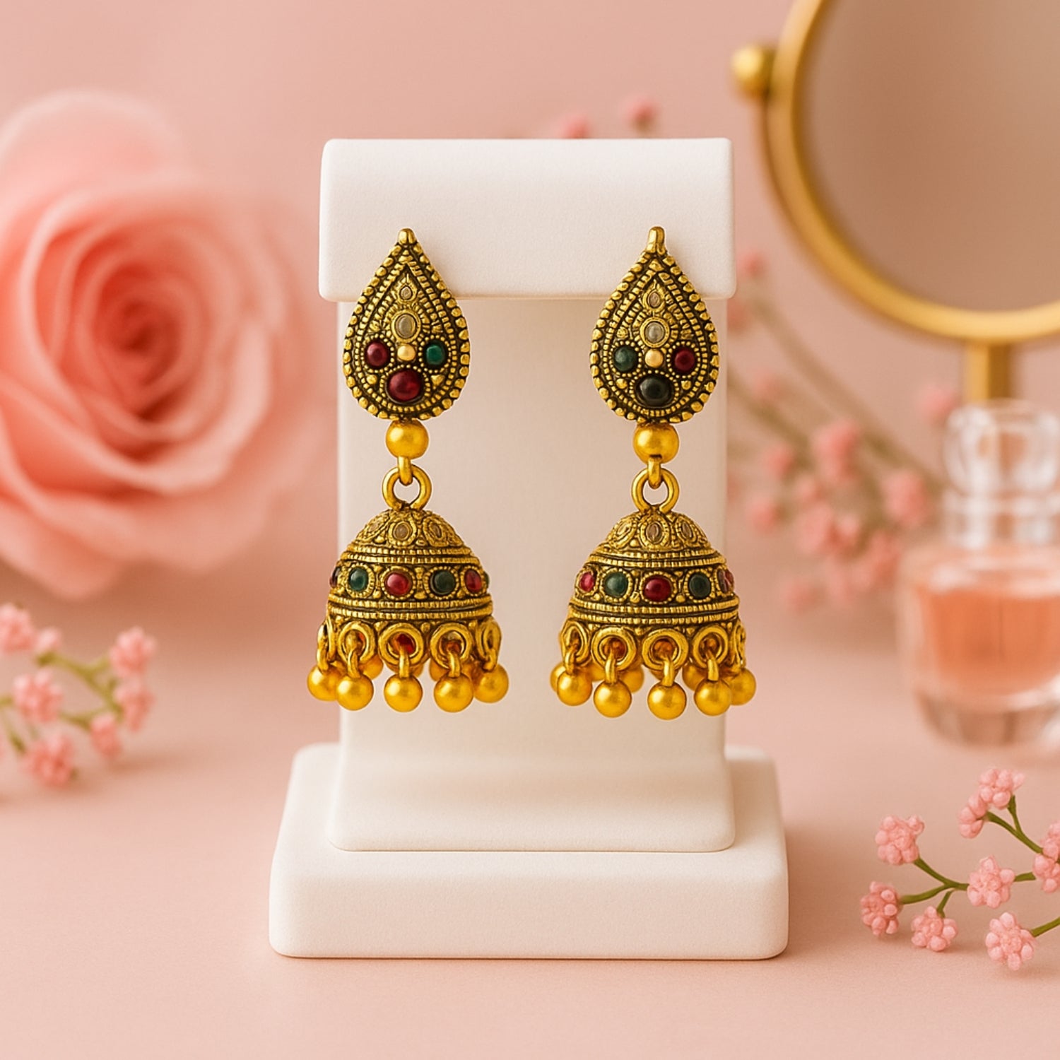 Antique Golden (Mini) Multicolor Stone Jhumka Earrings for Women & Girls | Temple Style Traditional Indian Jhumki | Festive & Wedding Jewellery | Lightweight