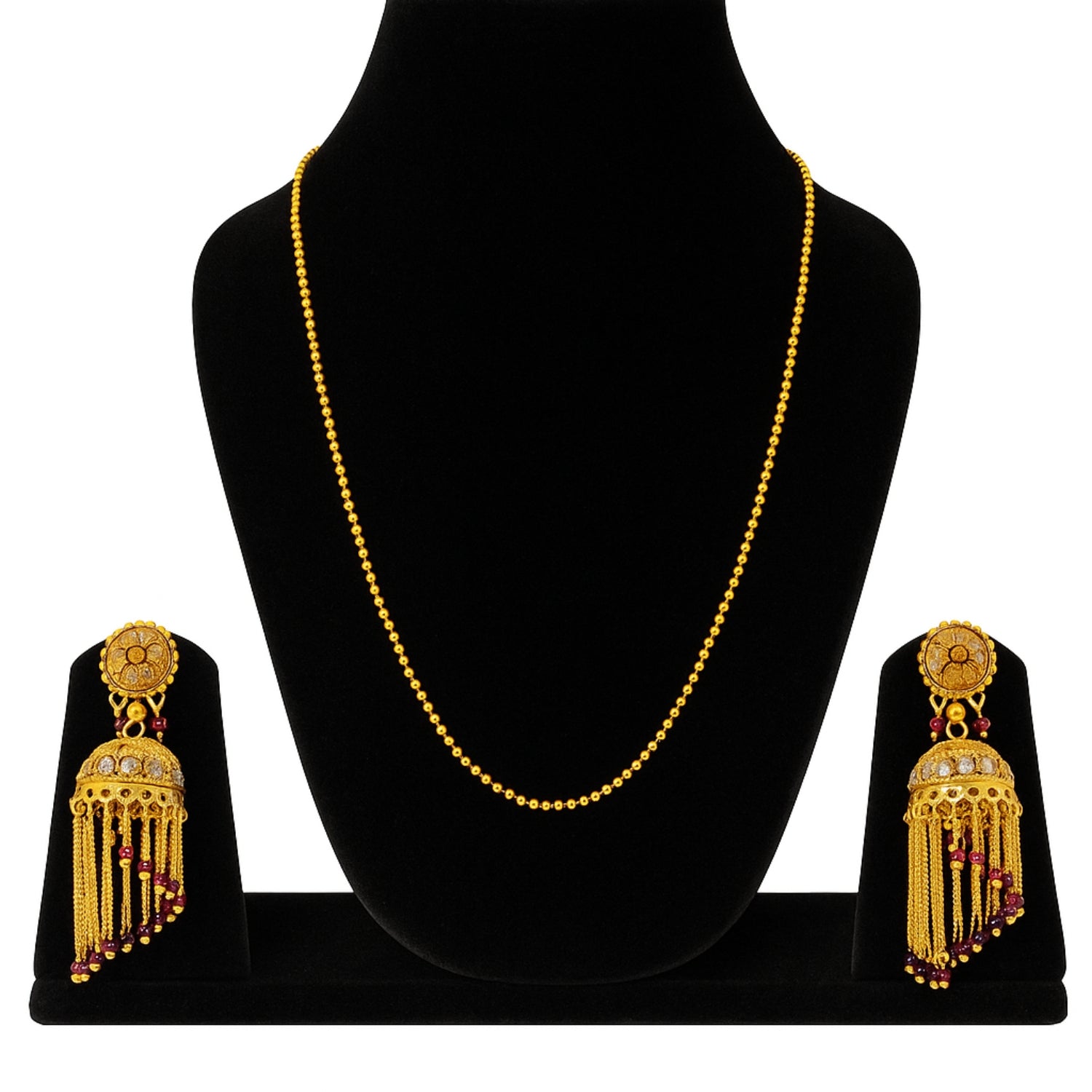 Antique Golden Bridal Jewelry Combo Set for Women & Girls | Long Chain (Large) Jhumka Earrings with Matching Golden Beaded Chain | Temple Jewellery Set | Wedding & Festive Wear