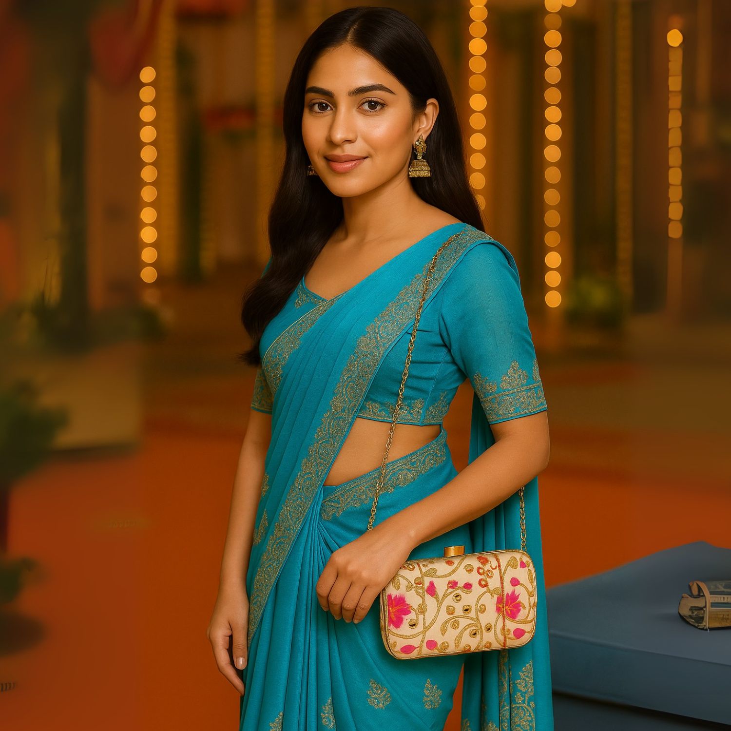 Women’s Embroidered Box Clutch – Zari & Sequin Work, Hard Case Evening Bag with Top Crystal Clasp & Detachable Gold Chain (Ivory/Gold, Pink Floral)