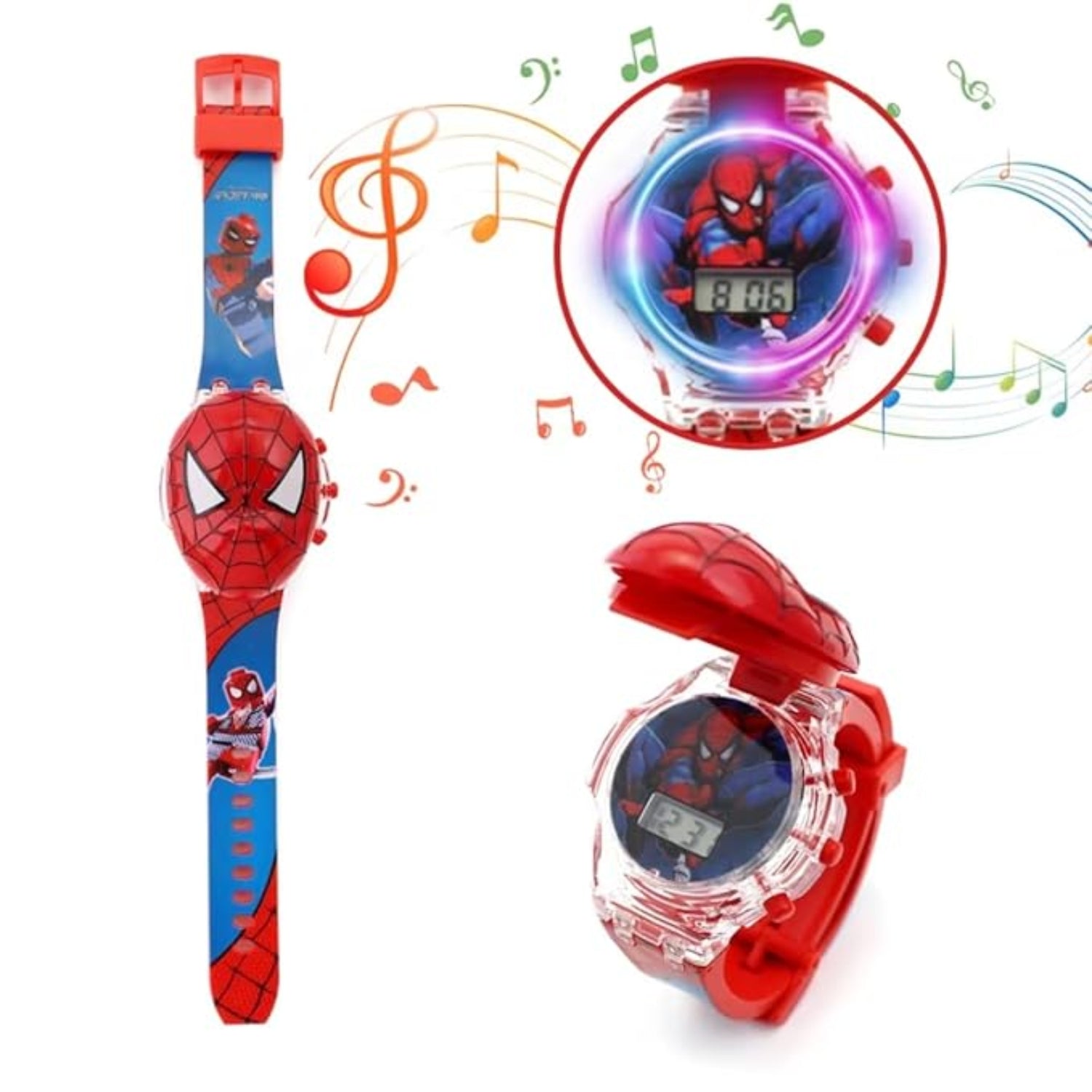 Spiderman Character Multicolored Glowing Light and Musical Digital Boy's Wrist Watch | Unique Cool Cartoon Character on Strap | Soft Silicone Strap | Suitable for Age 3-12 Year Kids