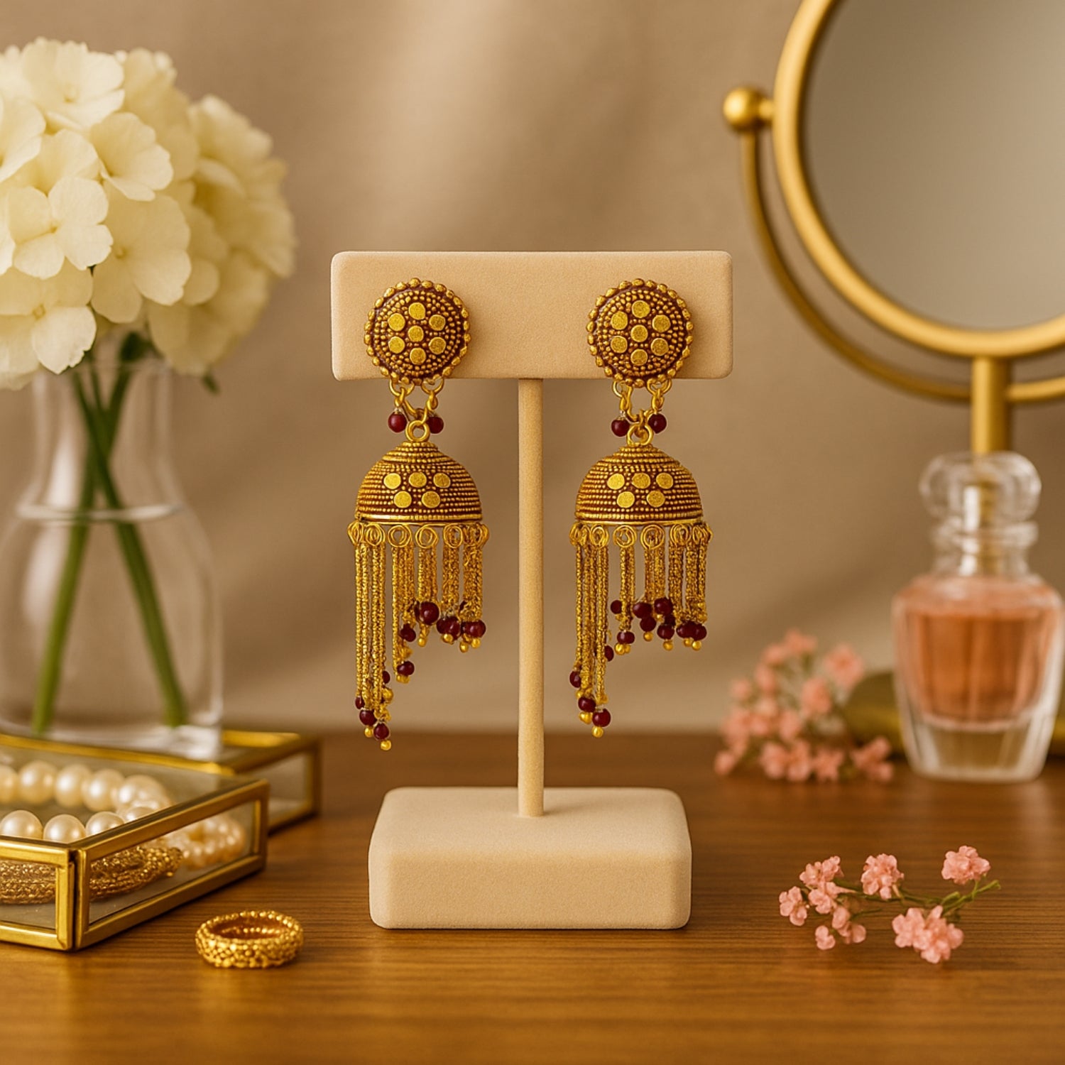 Antique Golden Bridal Jewelry Combo Set for Women & Girls | Long Chain (Large) Jhumka Earrings with Matching Golden Beaded Chain | Temple Jewellery Set | Wedding & Festive Wear