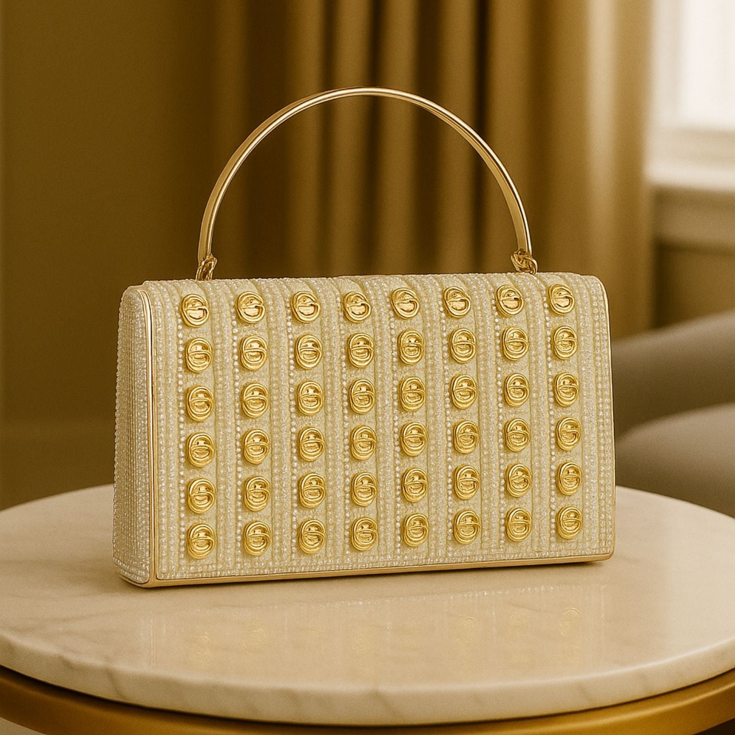 Golden Studded Designer Clutch Bag – Elegant Party Wear with Handle & Chain