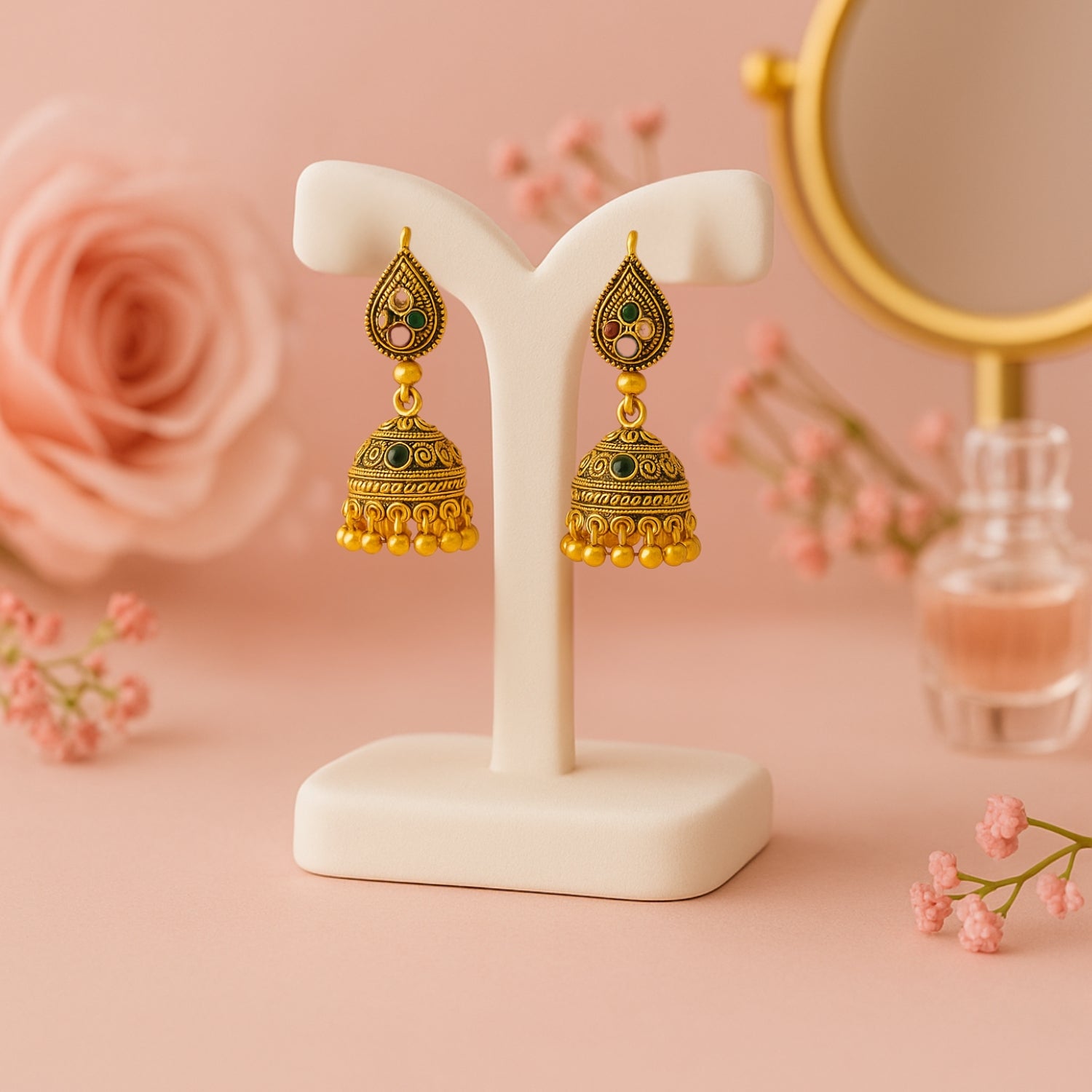 Antique Golden (Mini) Multicolor Stone Jhumka Earrings for Women & Girls | Temple Style Traditional Indian Jhumki | Festive & Wedding Jewellery | Lightweight