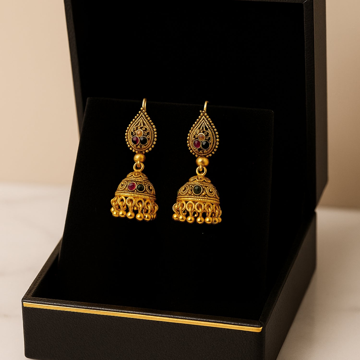 Antique Golden (Mini) Multicolor Stone Jhumka Earrings for Women & Girls | Temple Style Traditional Indian Jhumki | Festive & Wedding Jewellery | Lightweight
