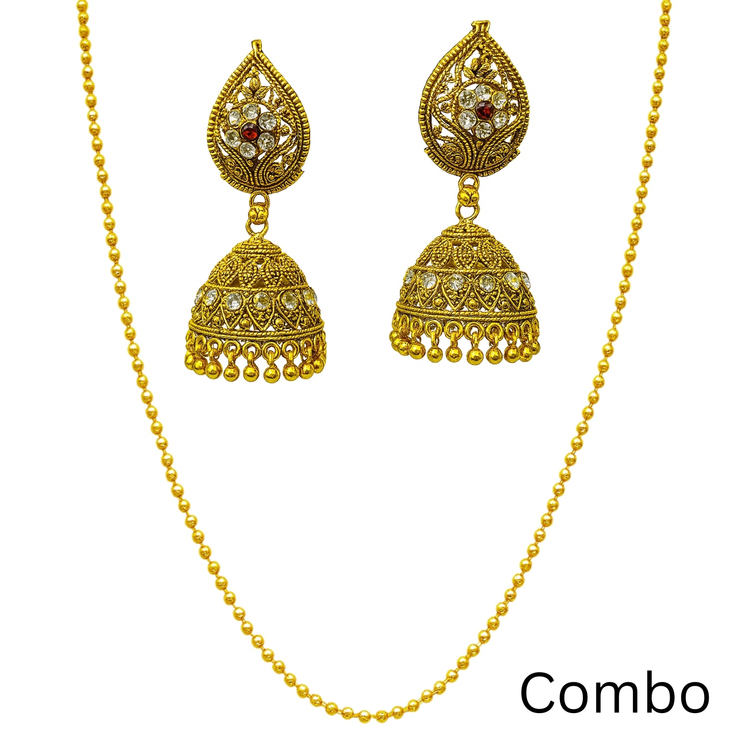 Antique Golden Jewelry Combo Set for Women & Girls | Traditional Beaded Chain Chain with (Large) Jhumka Earrings | Temple Jewellery Combo | Festive & Wedding Wear