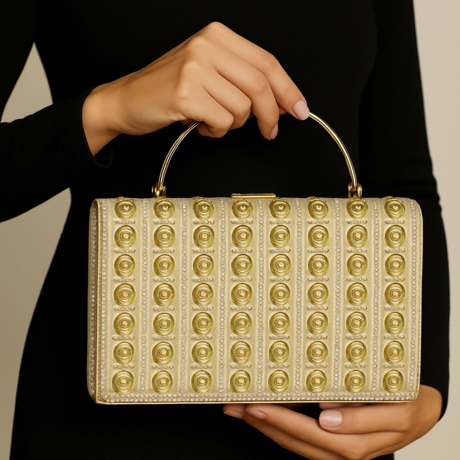 Golden Studded Designer Clutch Bag – Elegant Party Wear with Handle & Chain