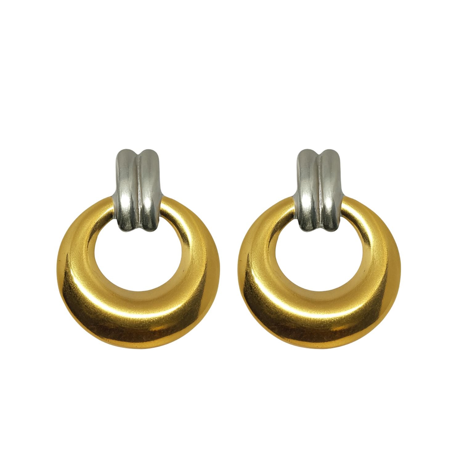Women’s Two-Tone Donut Drop Earrings – Gold & Silver-Tone Mixed-Metal Minimal Hoop Dangles, Lightweight Statement Jewelry with Stud Post & Push-Back