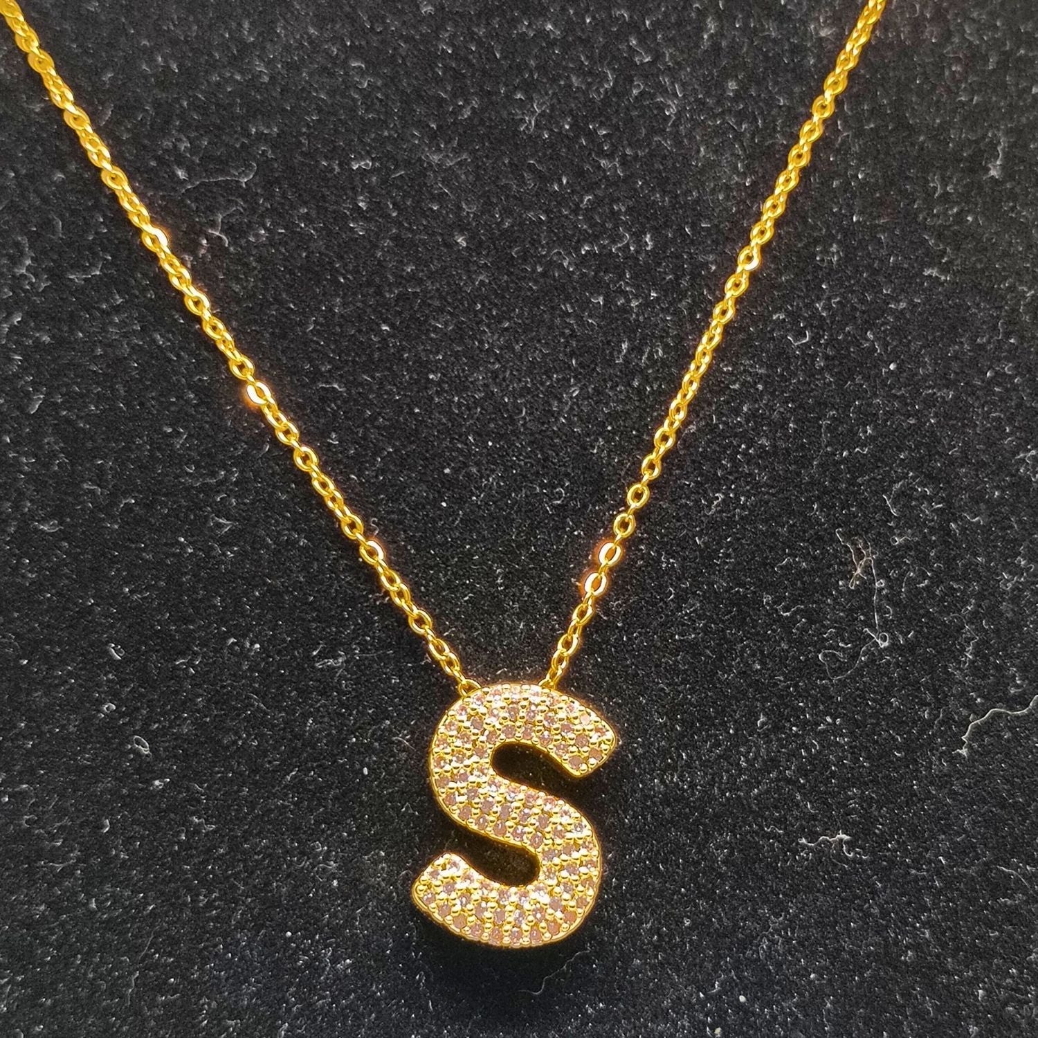 Gold 'S' Alphabet Pendant Necklace with Crystals