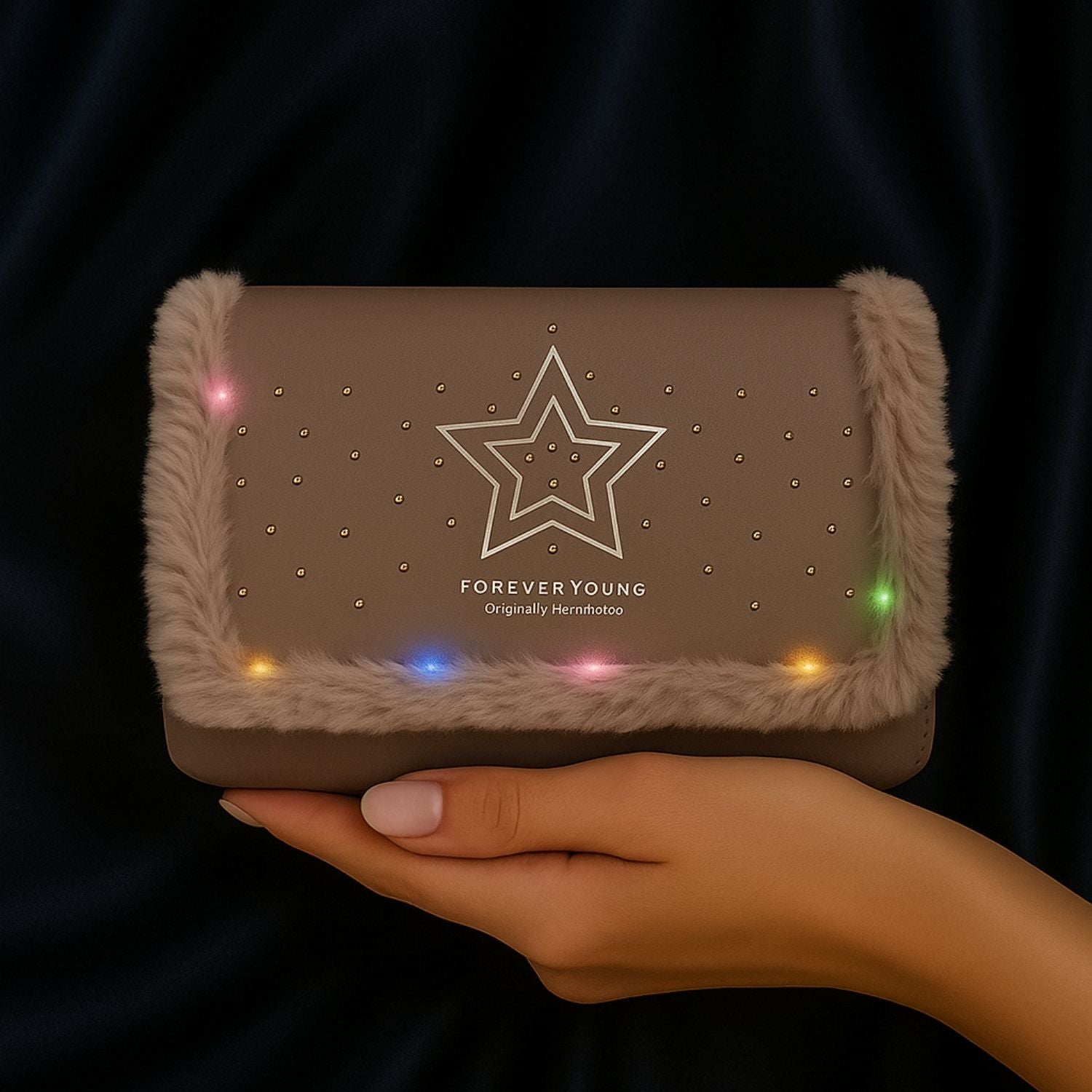 Forever Young Faux Fur-Trimmed Sling Bag – Soft Glam with Star Charm (bag with lights)