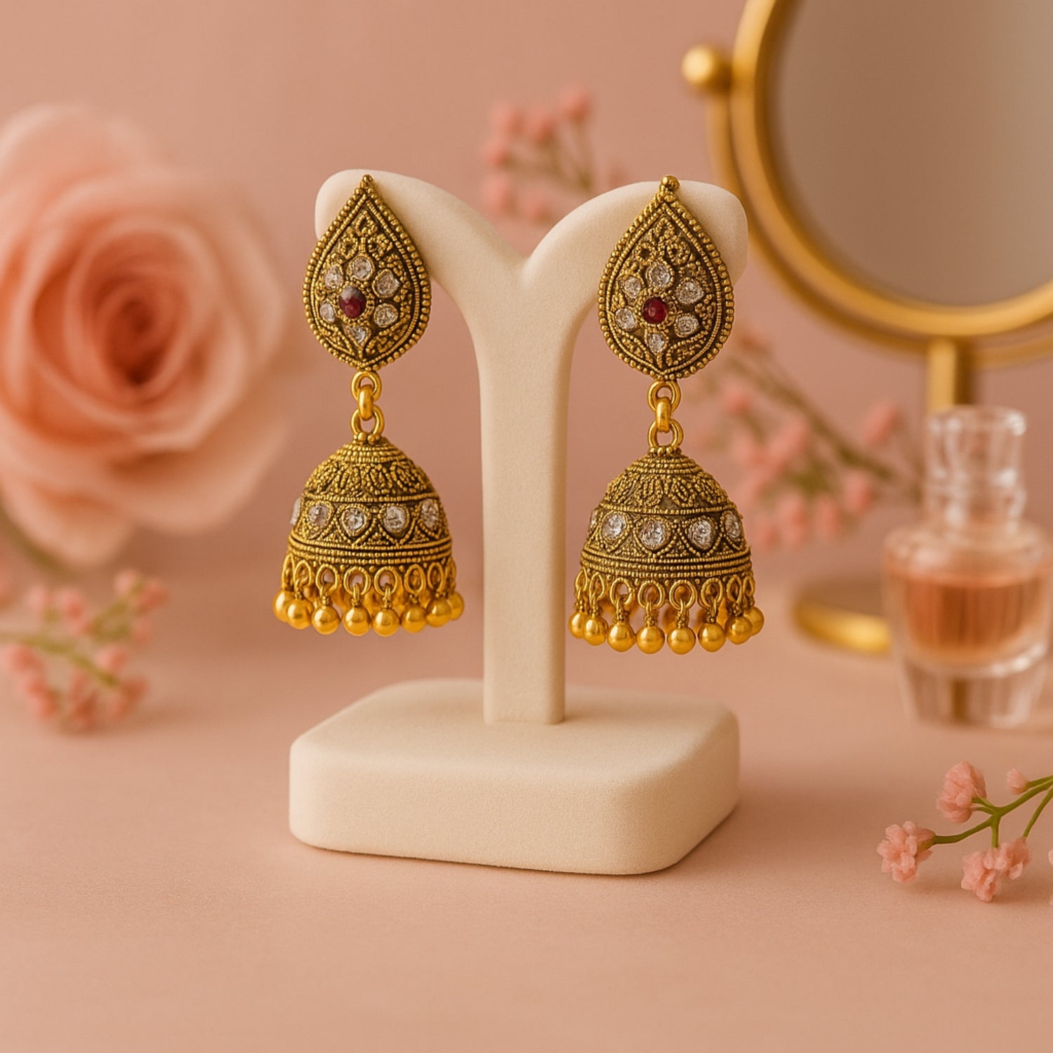 Antique Golden Jewelry Combo Set for Women & Girls | Traditional Beaded Chain Chain with (Large) Jhumka Earrings | Temple Jewellery Combo | Festive & Wedding Wear