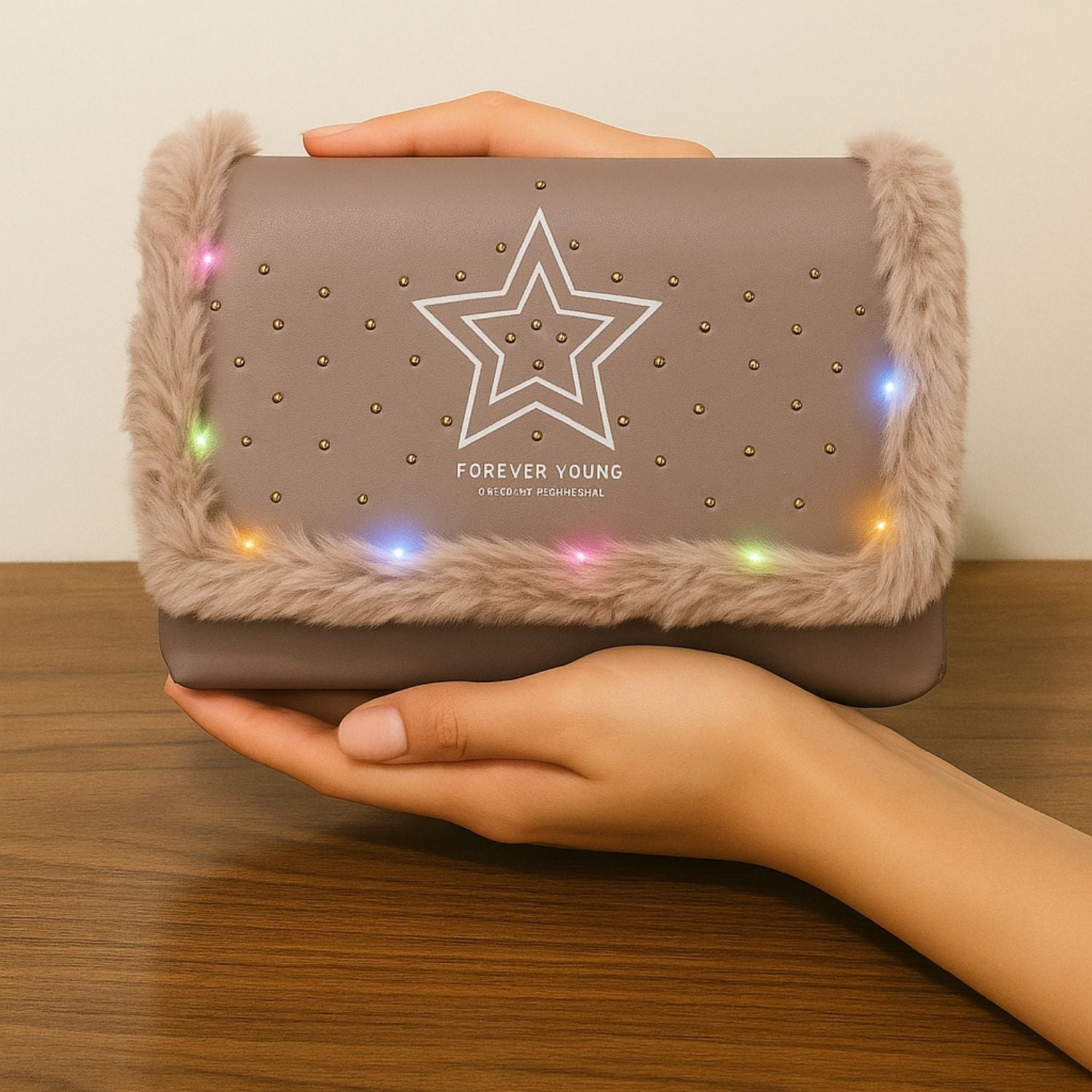 Forever Young Faux Fur-Trimmed Sling Bag – Soft Glam with Star Charm (bag with lights)