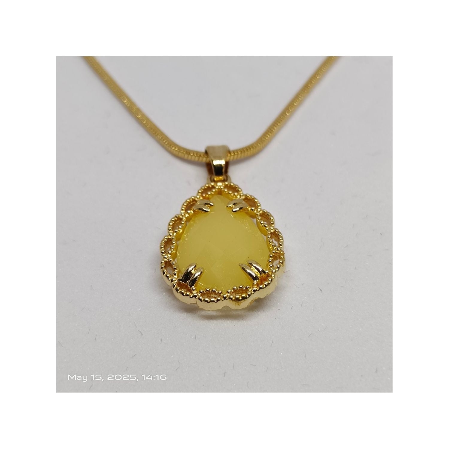 Golden Glow Teardrop Pendant Necklace – Yellow Stone in Ornate Gold Frame