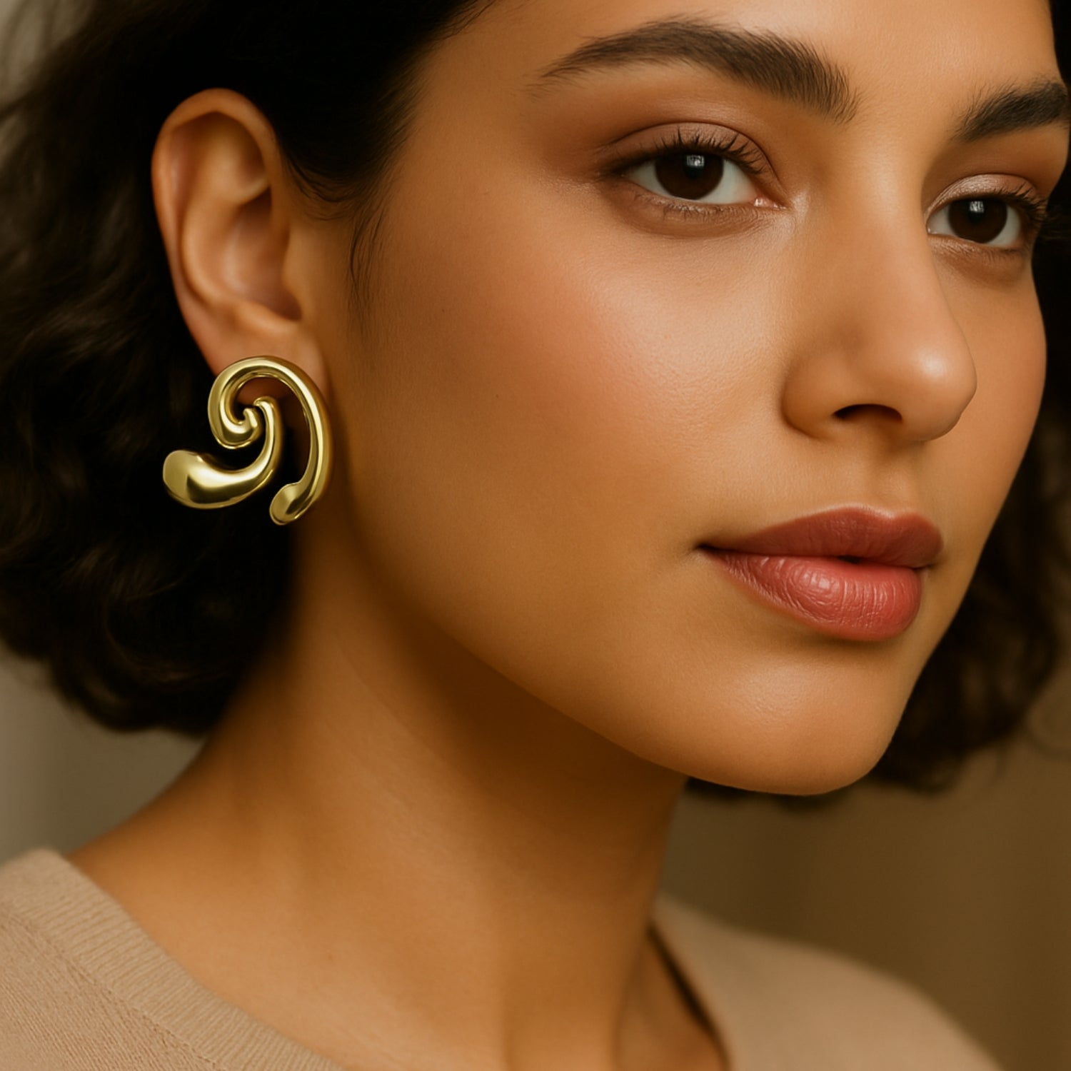 Women’s Abstract Swirl Stud Earrings – Gold-Tone Sculptural “Liquid Metal” Design, Lightweight Statement Fashion Jewelry with Push-Back (Pair)