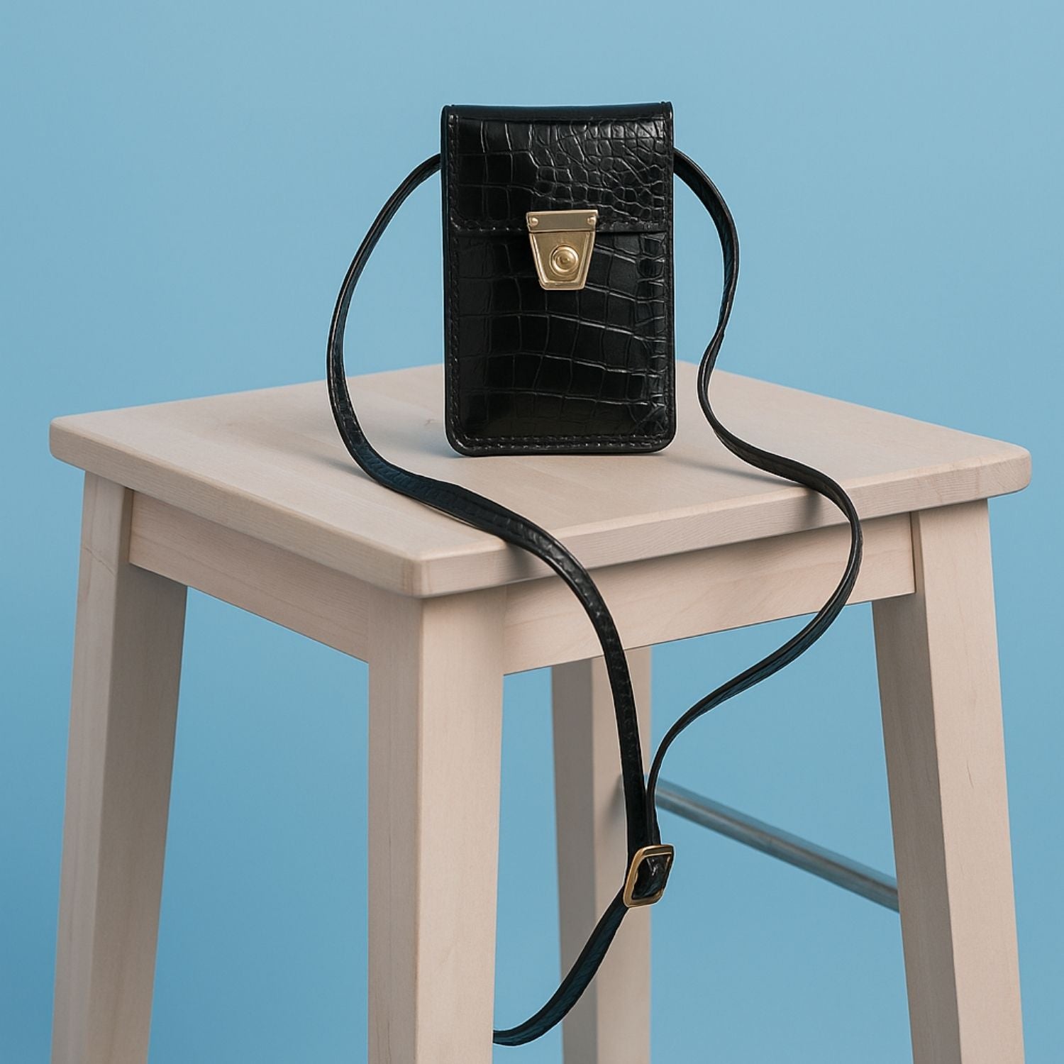 Glossy Black Croc-Textured Sling Pouch with Gold-Tone Twist Lock