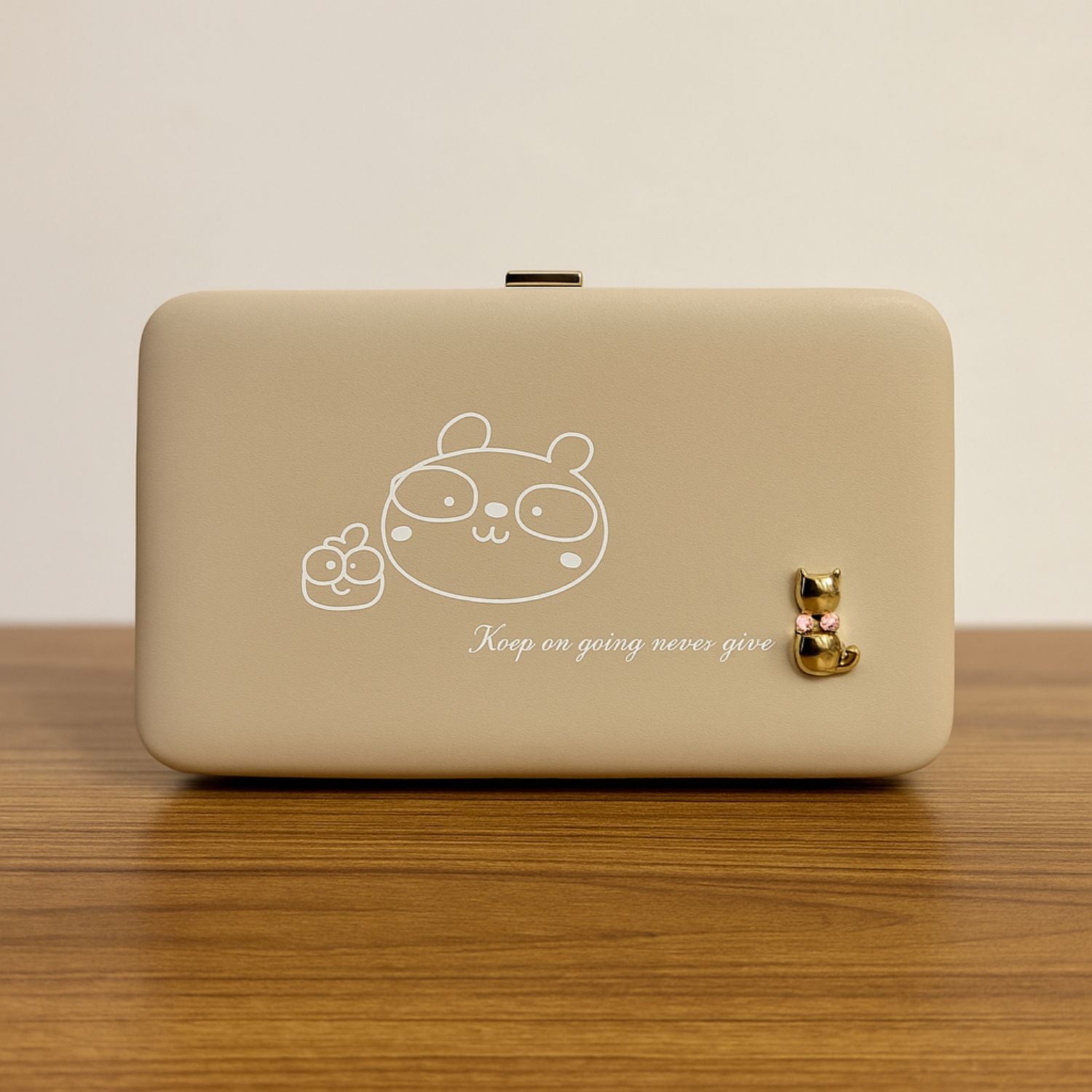 Women’s PU Leather Clutch Wallet with Phone Holder, Card Slots & ID Window – Cartoon Print, Metal Frame, Snap Closure – Stylish Hand Purse for Girls/Ladies (Beige/Pink)