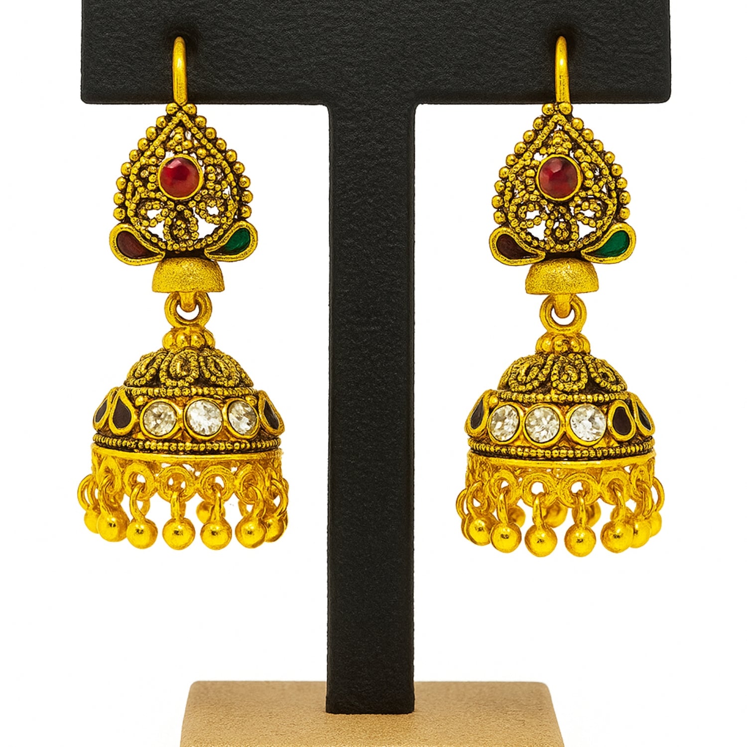 Traditional Golden (Mini) Jhumka Earrings for Women & Girls | Antique Temple Design With Red & Green Stones | Festive Wedding Ethnic Indian Jewellery | Anti-Tarnish