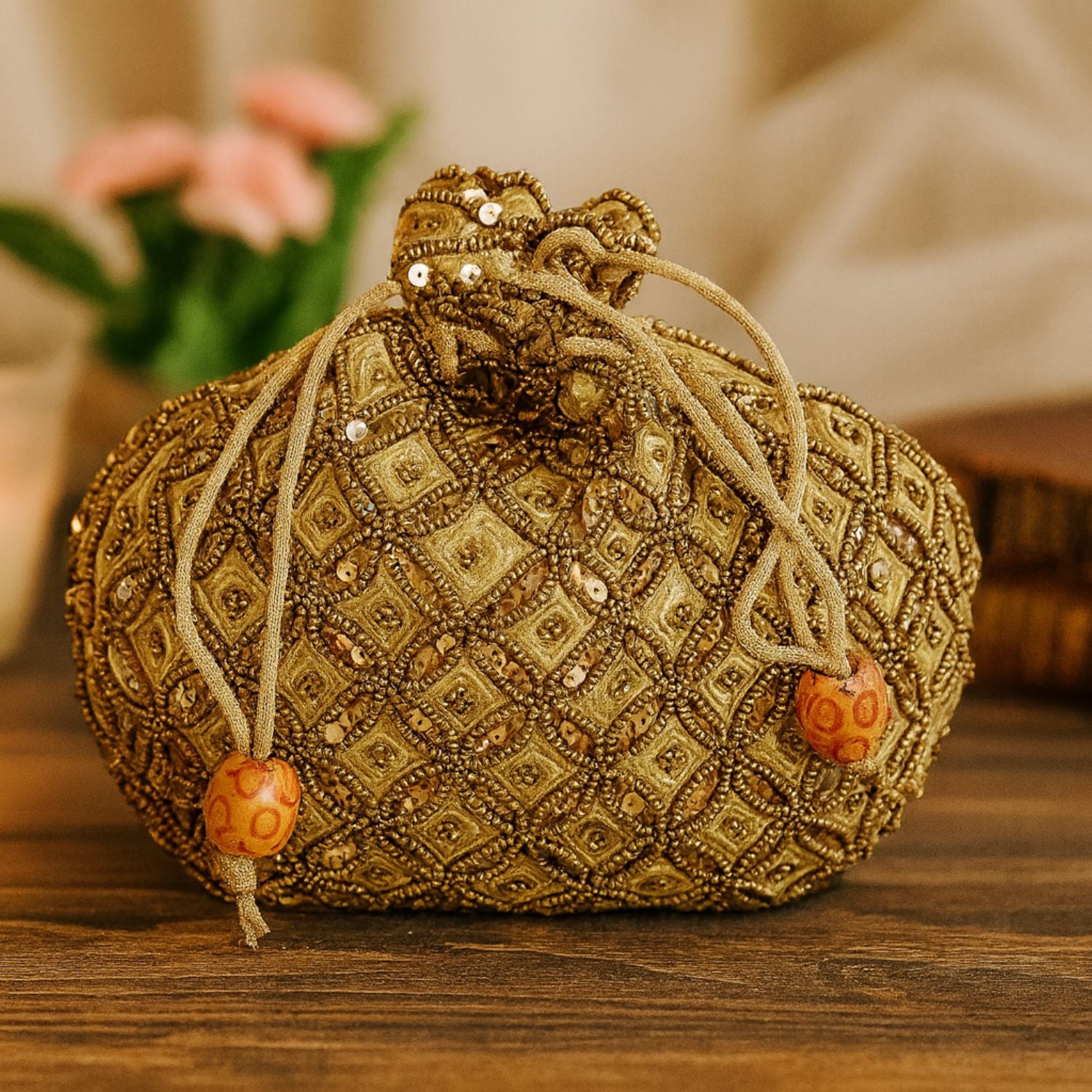 Women’s Embellished Potli Bag – Beaded & Sequin Drawstring Pouch with Shoulder Cord, Ethnic Wedding/Party Clutch (Gold)