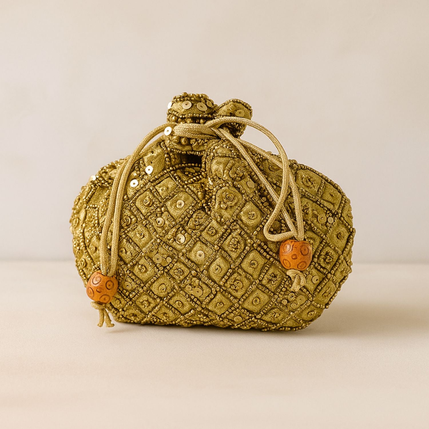 Women’s Embellished Potli Bag – Beaded & Sequin Drawstring Pouch with Shoulder Cord, Ethnic Wedding/Party Clutch (Gold)