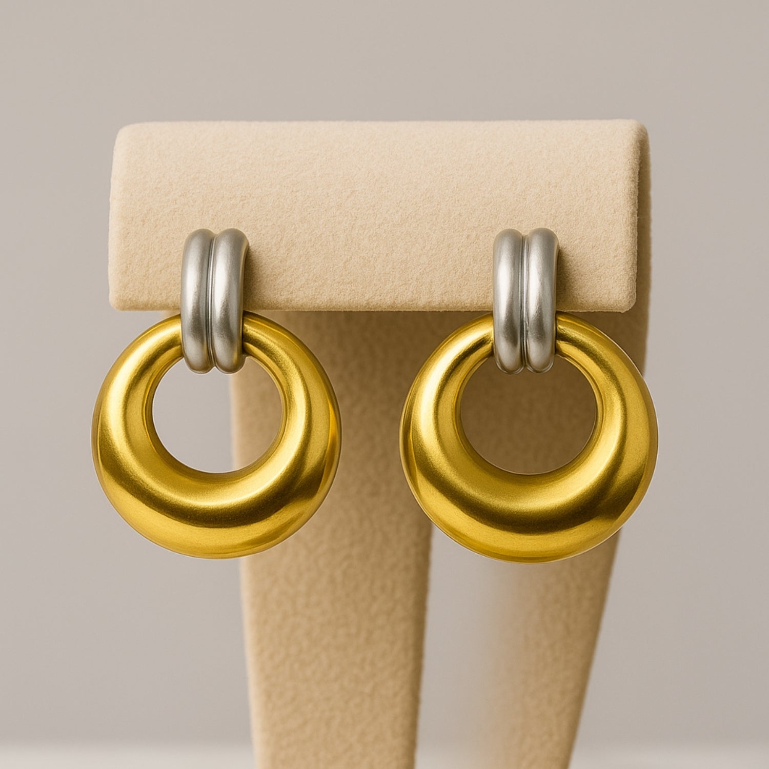 Women’s Two-Tone Donut Drop Earrings – Gold & Silver-Tone Mixed-Metal Minimal Hoop Dangles, Lightweight Statement Jewelry with Stud Post & Push-Back