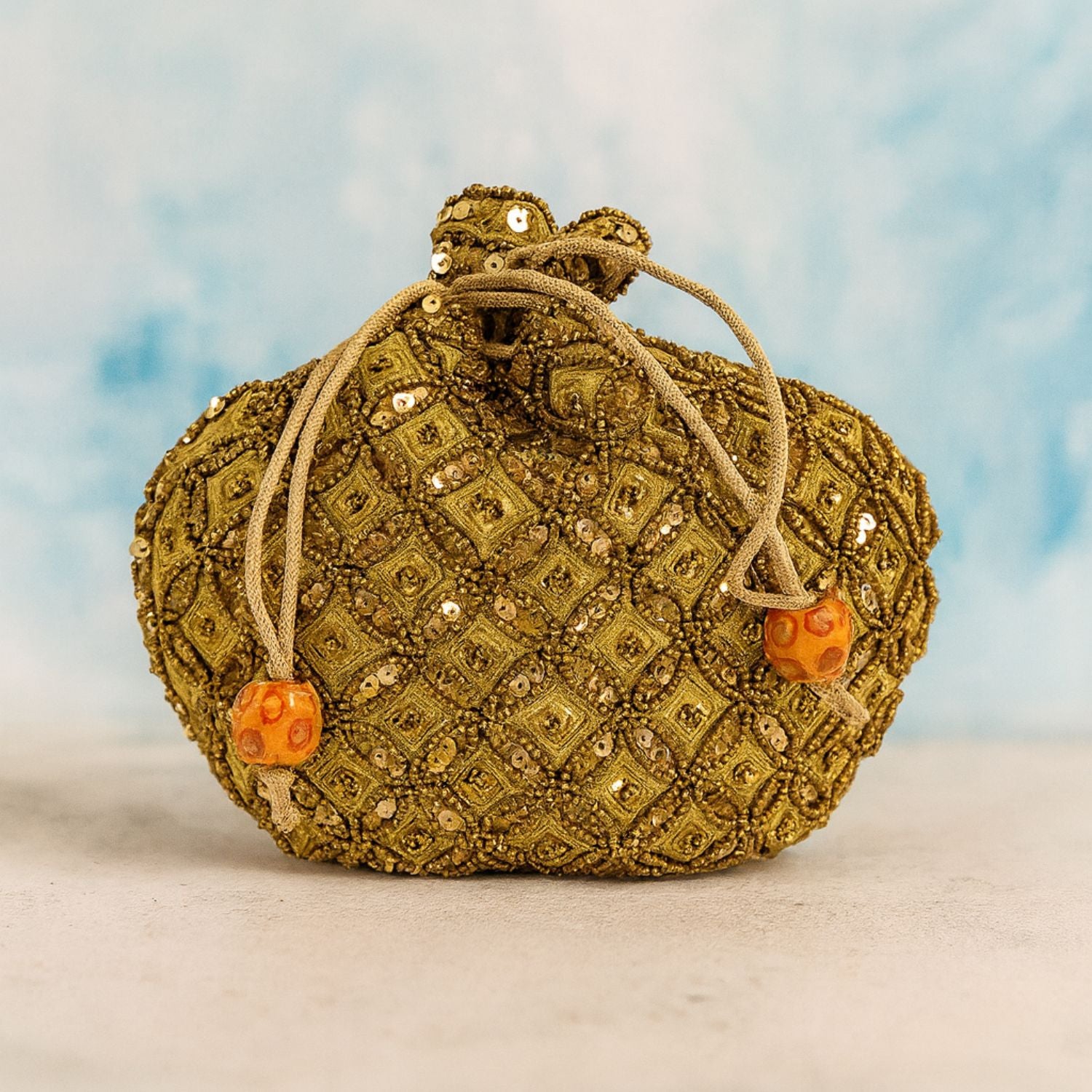 Women’s Embellished Potli Bag – Beaded & Sequin Drawstring Pouch with Shoulder Cord, Ethnic Wedding/Party Clutch (Gold)