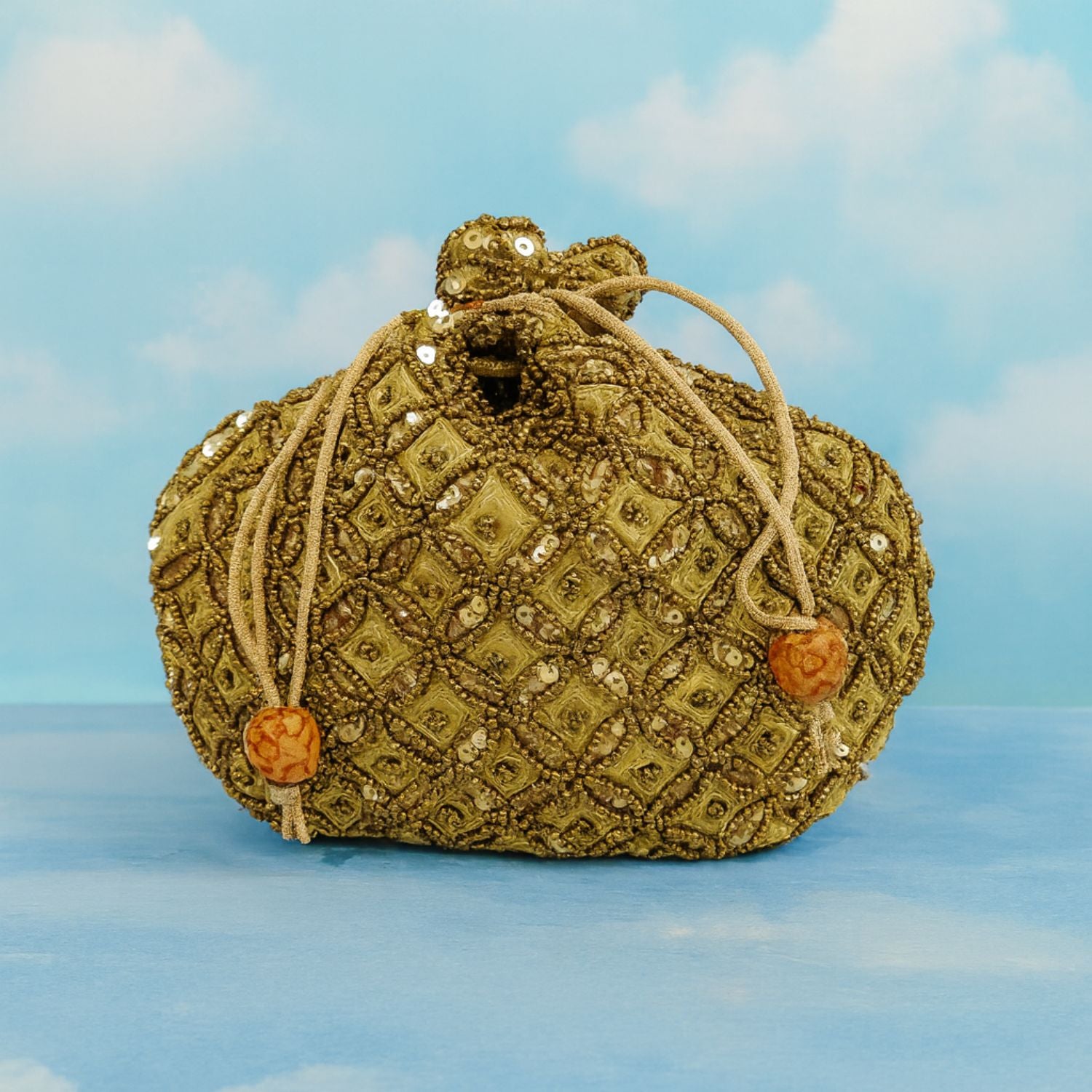 Women’s Embellished Potli Bag – Beaded & Sequin Drawstring Pouch with Shoulder Cord, Ethnic Wedding/Party Clutch (Gold)