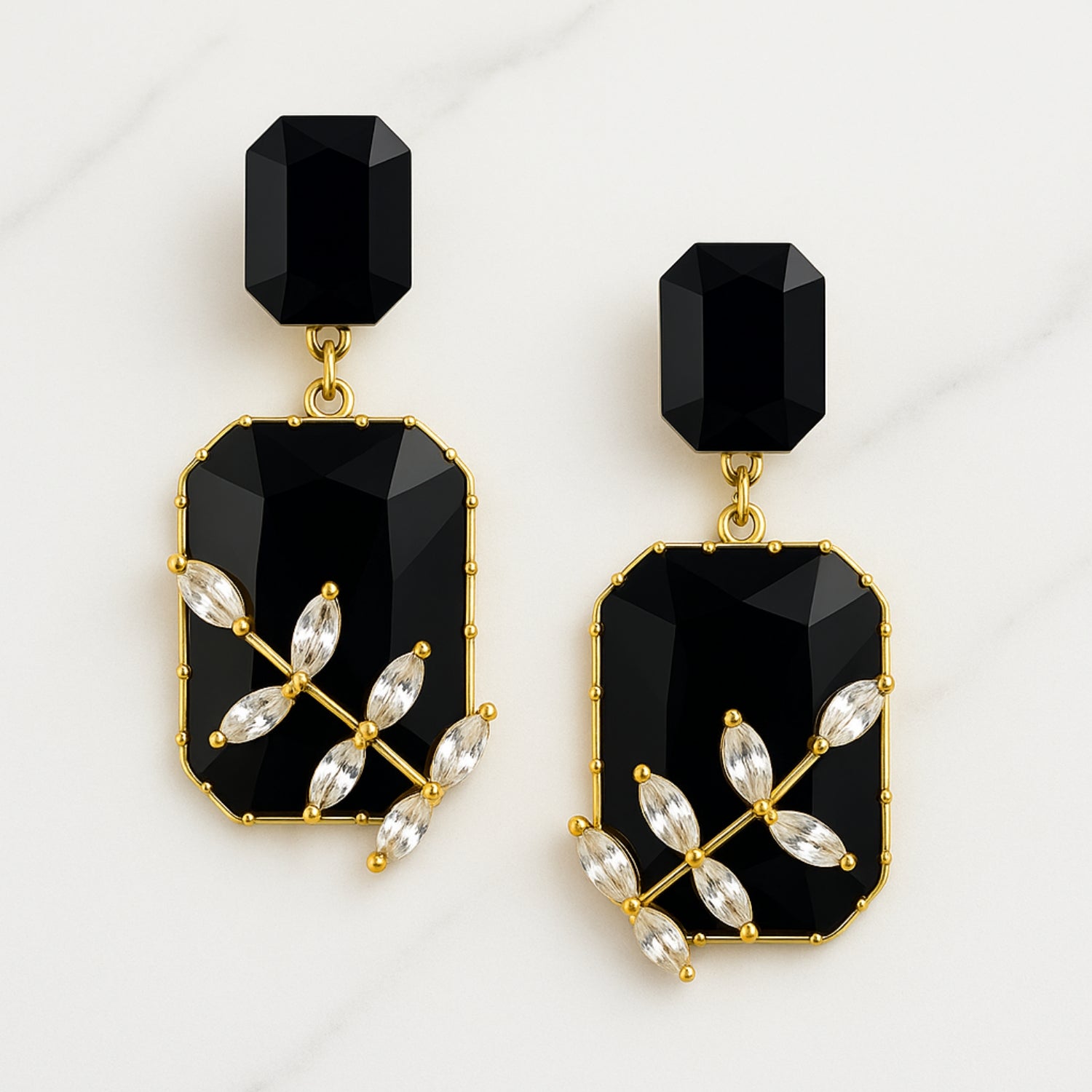 Women’s Black Statement Dangle Earrings – Gold-Tone Geometric Drop with Faceted Stones & Crystal Leaf Overlay, Party/Wedding Jewelry (Pair)