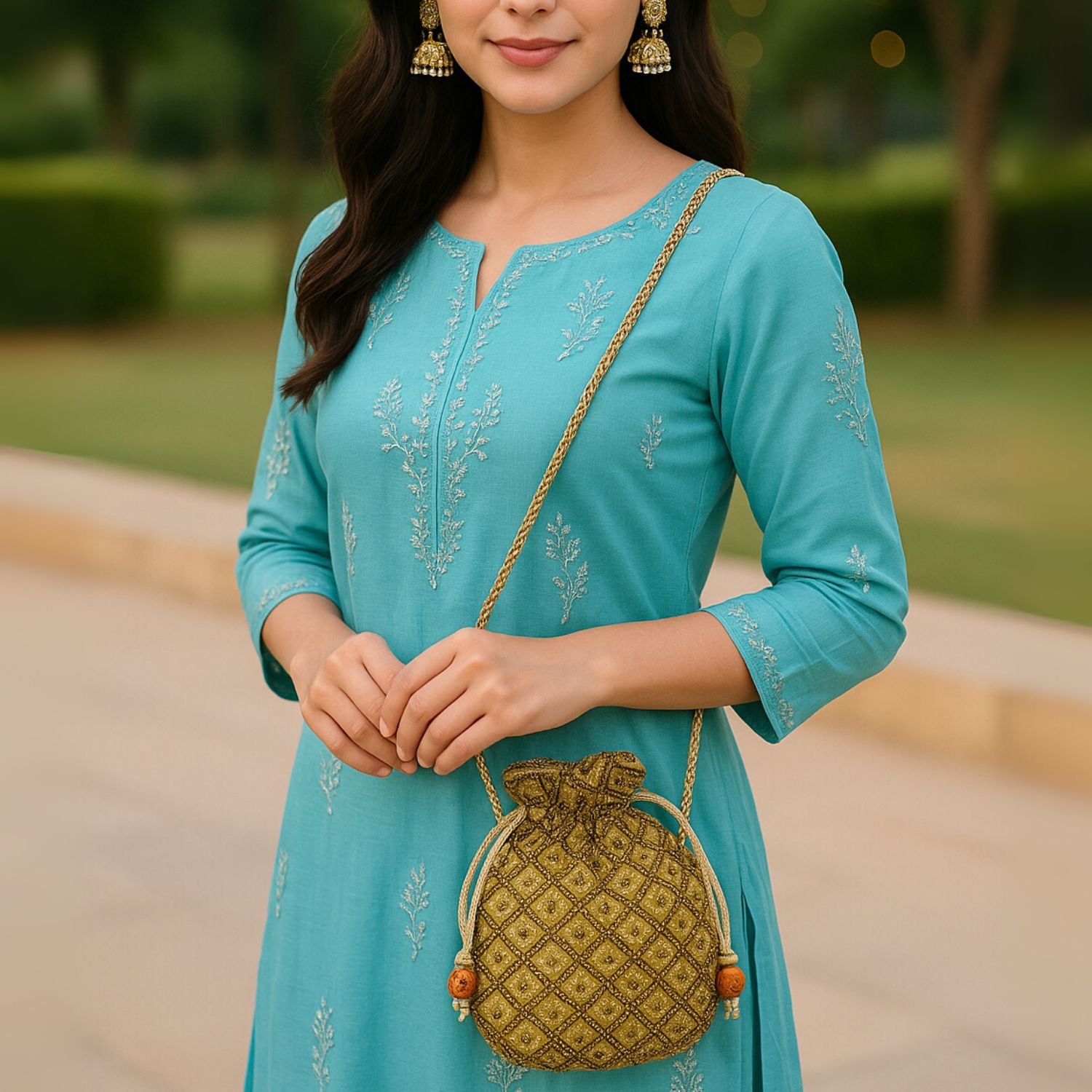 Women’s Embellished Potli Bag – Beaded & Sequin Drawstring Pouch with Shoulder Cord, Ethnic Wedding/Party Clutch (Gold)