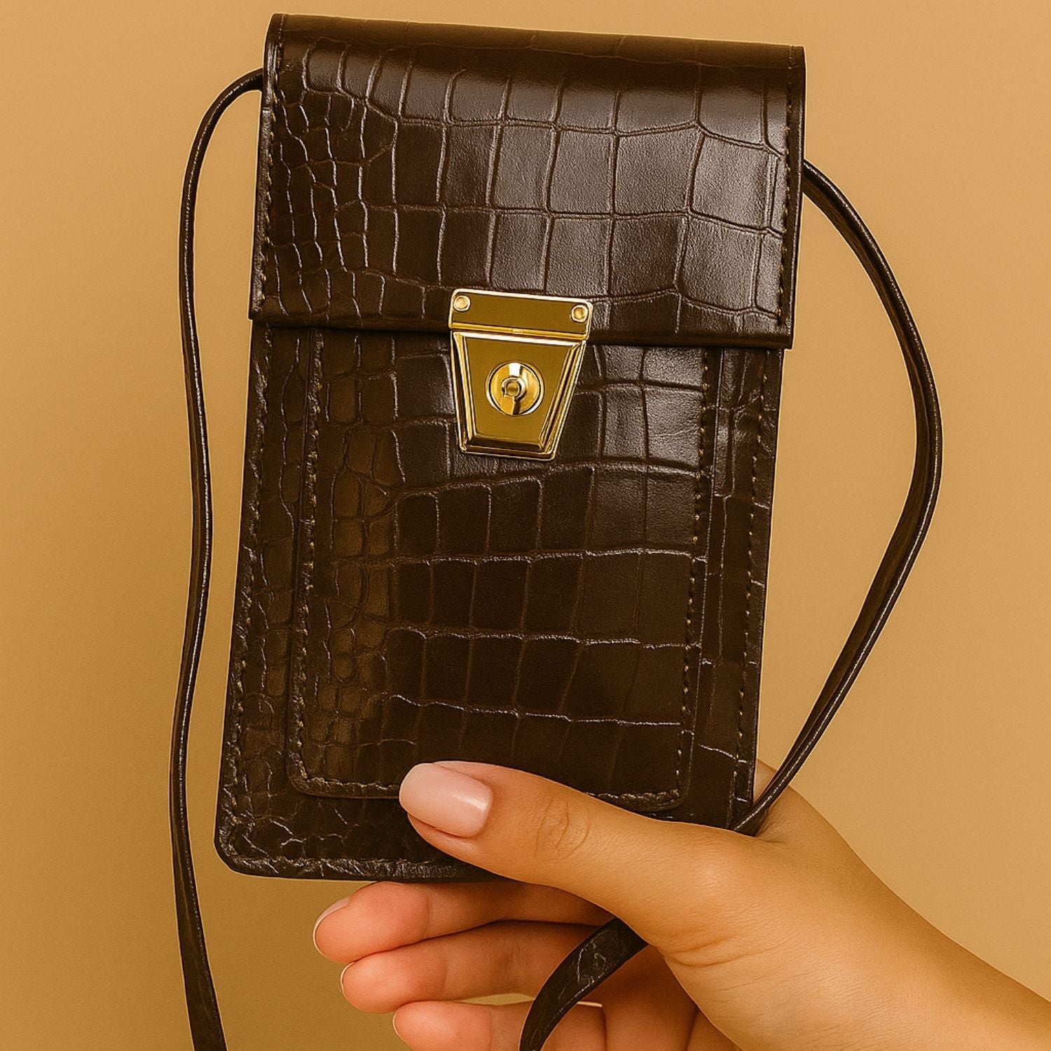 Glossy Black Croc-Textured Sling Pouch with Gold-Tone Twist Lock