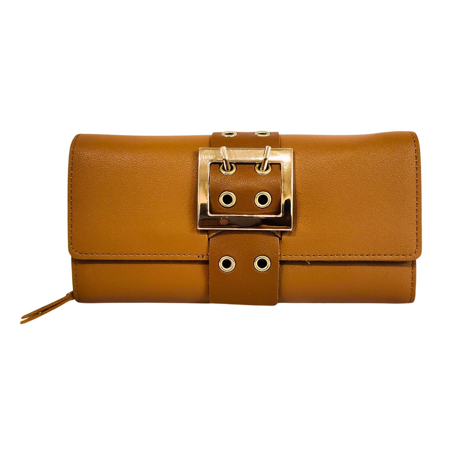 Women’s Belt-Buckle Long Wallet – PU Leather Clutch with Zip Compartment, ID Window & 6+ Card Slots, Snap Closure (Tan/Camel Brown)