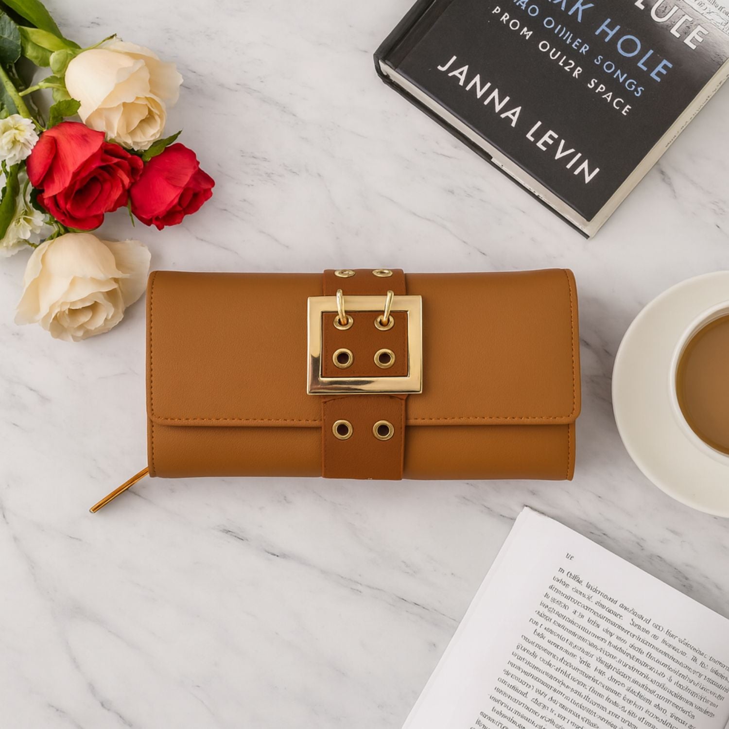 Women’s Belt-Buckle Long Wallet – PU Leather Clutch with Zip Compartment, ID Window & 6+ Card Slots, Snap Closure (Tan/Camel Brown)