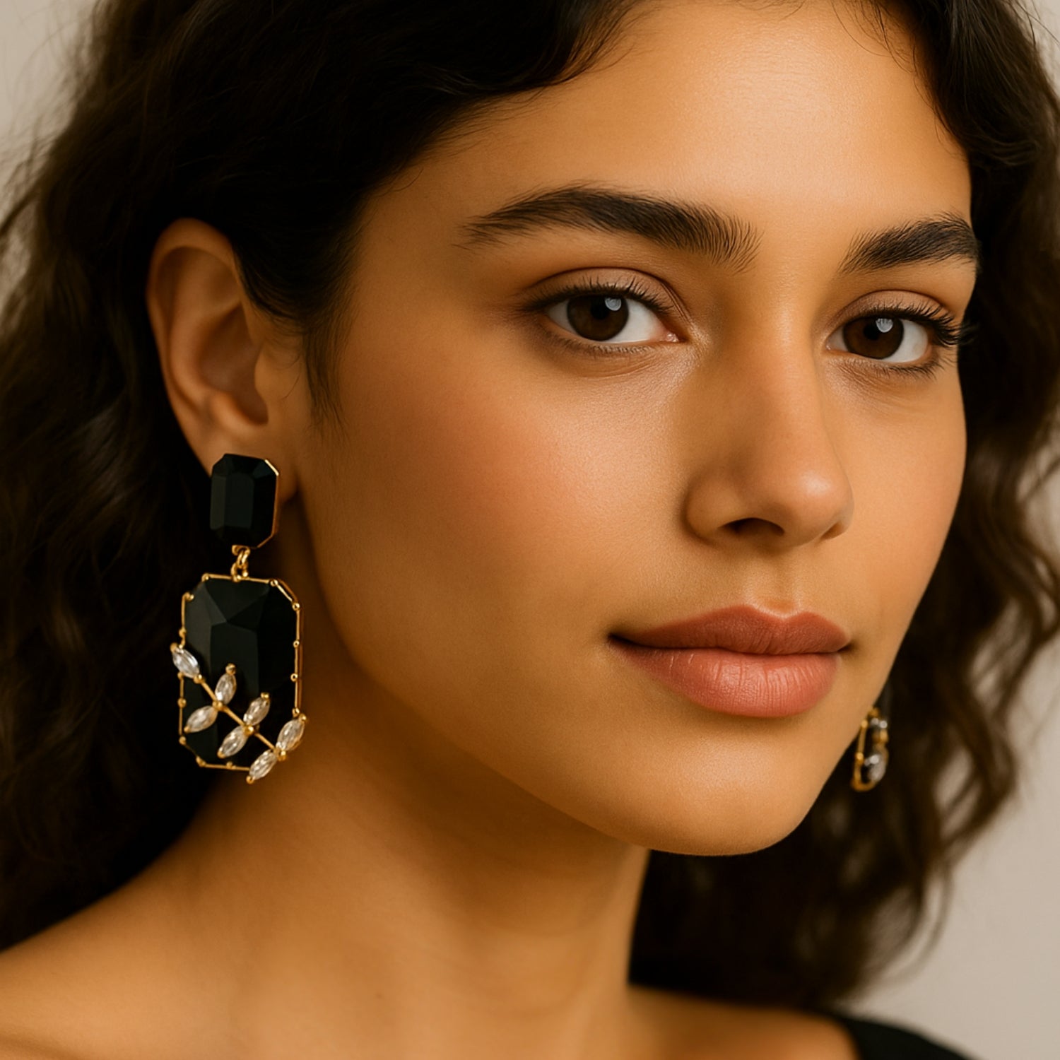 Women’s Black Statement Dangle Earrings – Gold-Tone Geometric Drop with Faceted Stones & Crystal Leaf Overlay, Party/Wedding Jewelry (Pair)