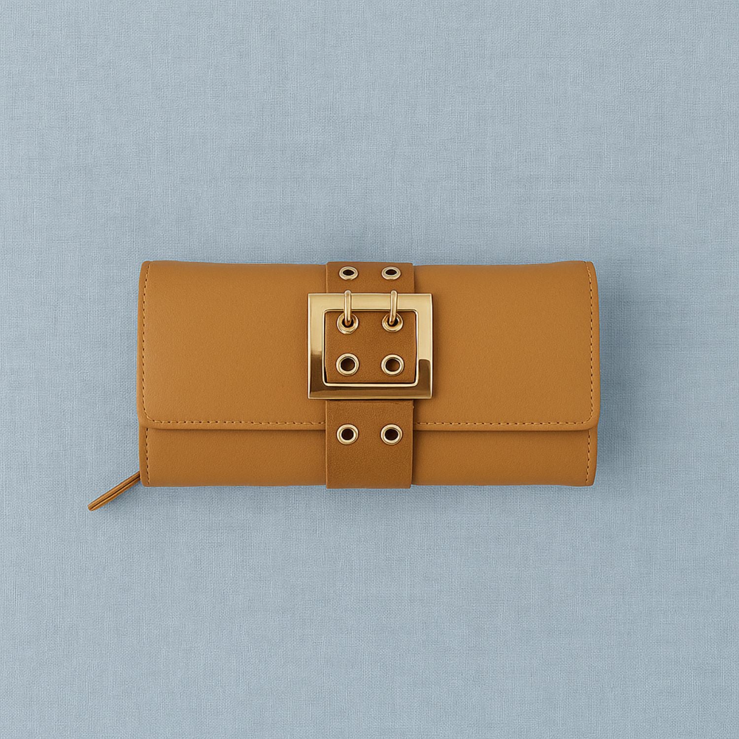 Women’s Belt-Buckle Long Wallet – PU Leather Clutch with Zip Compartment, ID Window & 6+ Card Slots, Snap Closure (Tan/Camel Brown)