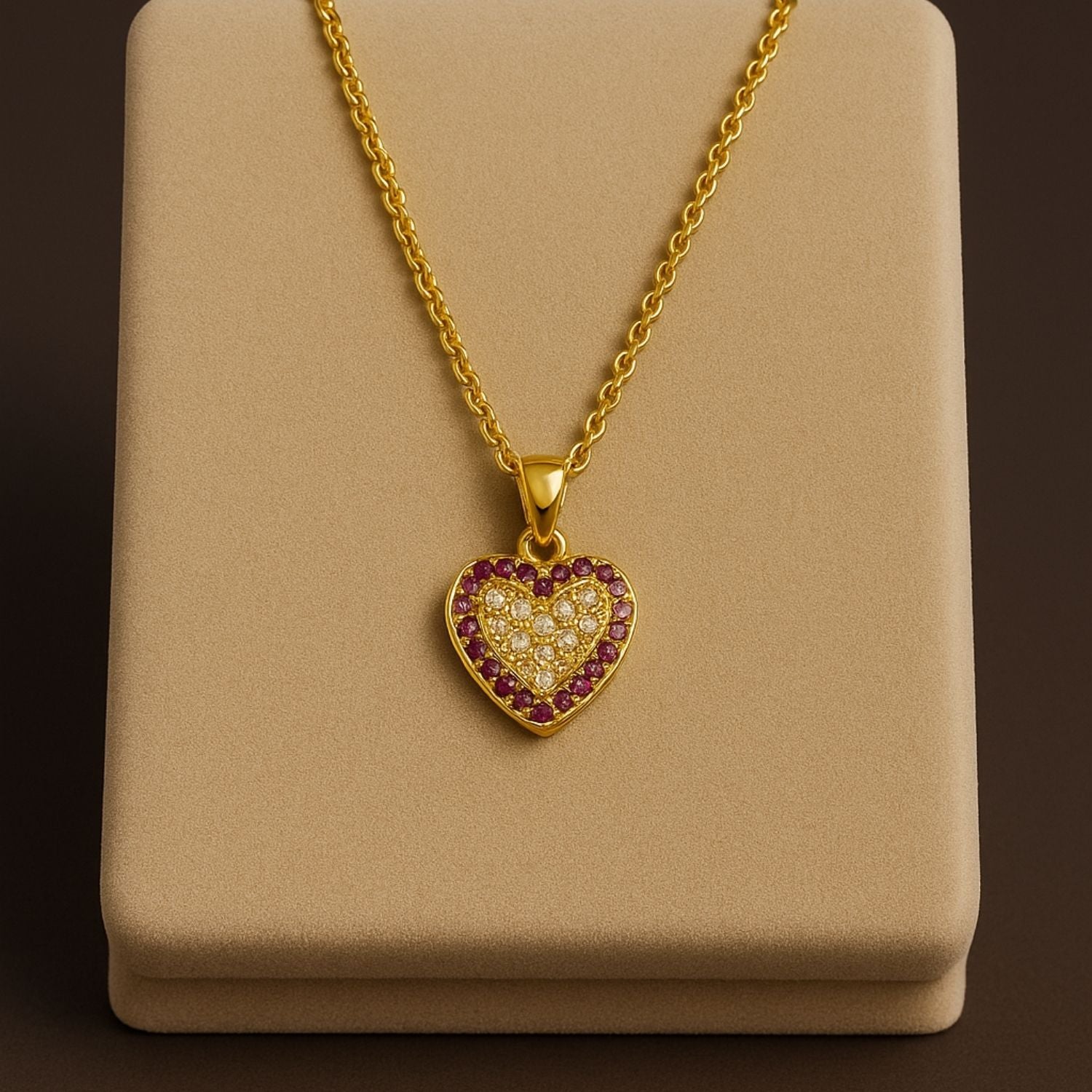 Gold-Tone Heart Pendant Necklace with Ruby & Diamond Accents