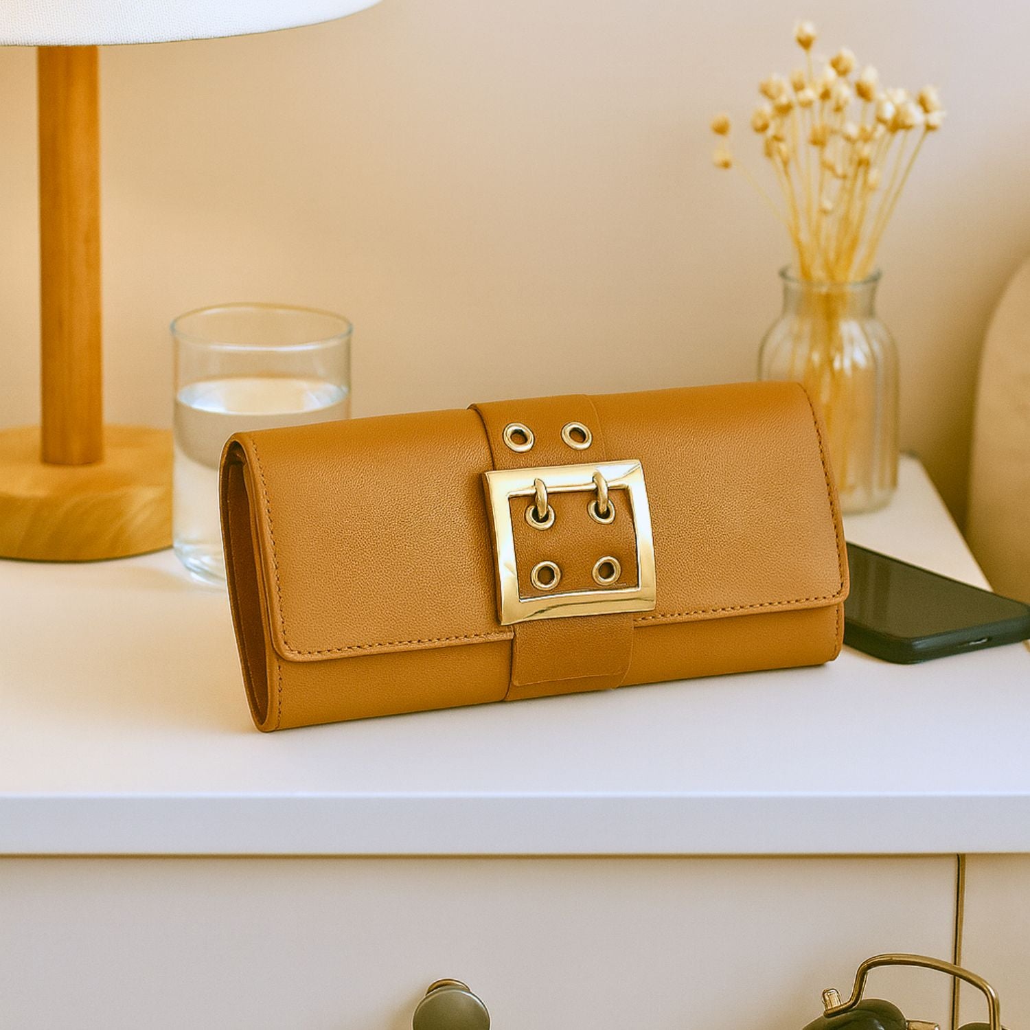 Women’s Belt-Buckle Long Wallet – PU Leather Clutch with Zip Compartment, ID Window & 6+ Card Slots, Snap Closure (Tan/Camel Brown)