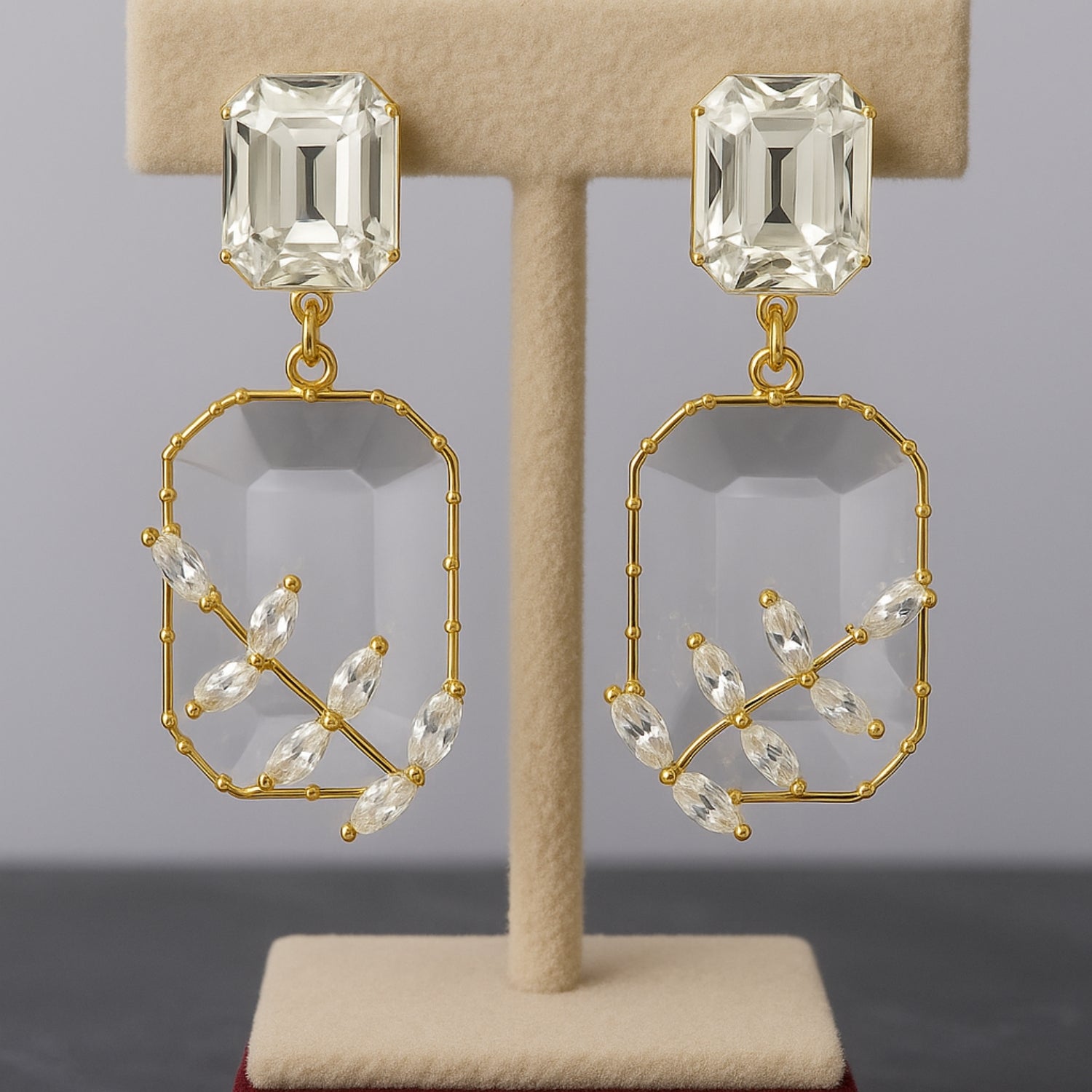 Women’s Black Statement Dangle Earrings – Gold-Tone Geometric Drop with Faceted Stones & Crystal Leaf Overlay, Party/Wedding Jewelry (Pair)