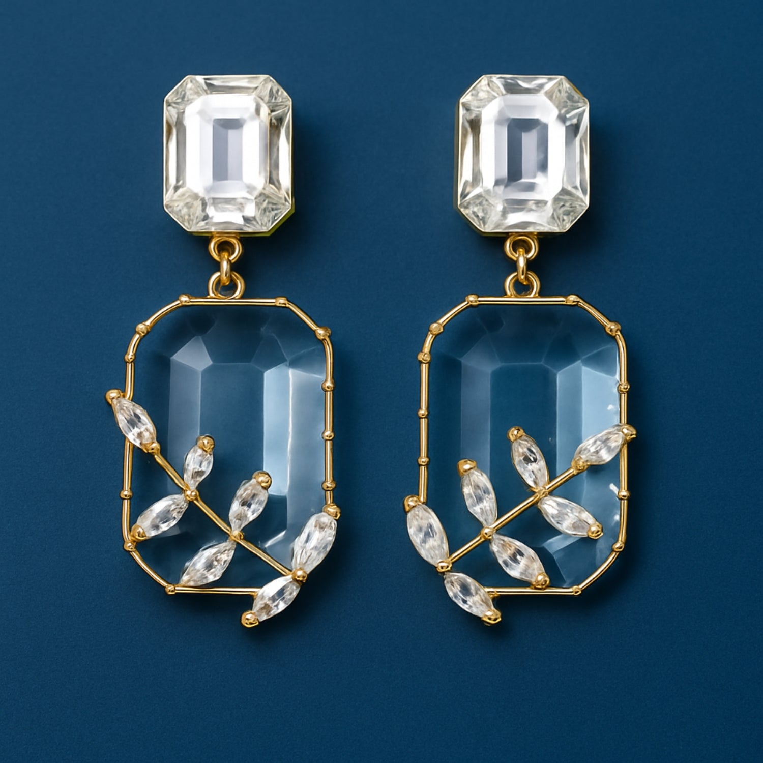 Women’s Black Statement Dangle Earrings – Gold-Tone Geometric Drop with Faceted Stones & Crystal Leaf Overlay, Party/Wedding Jewelry (Pair)