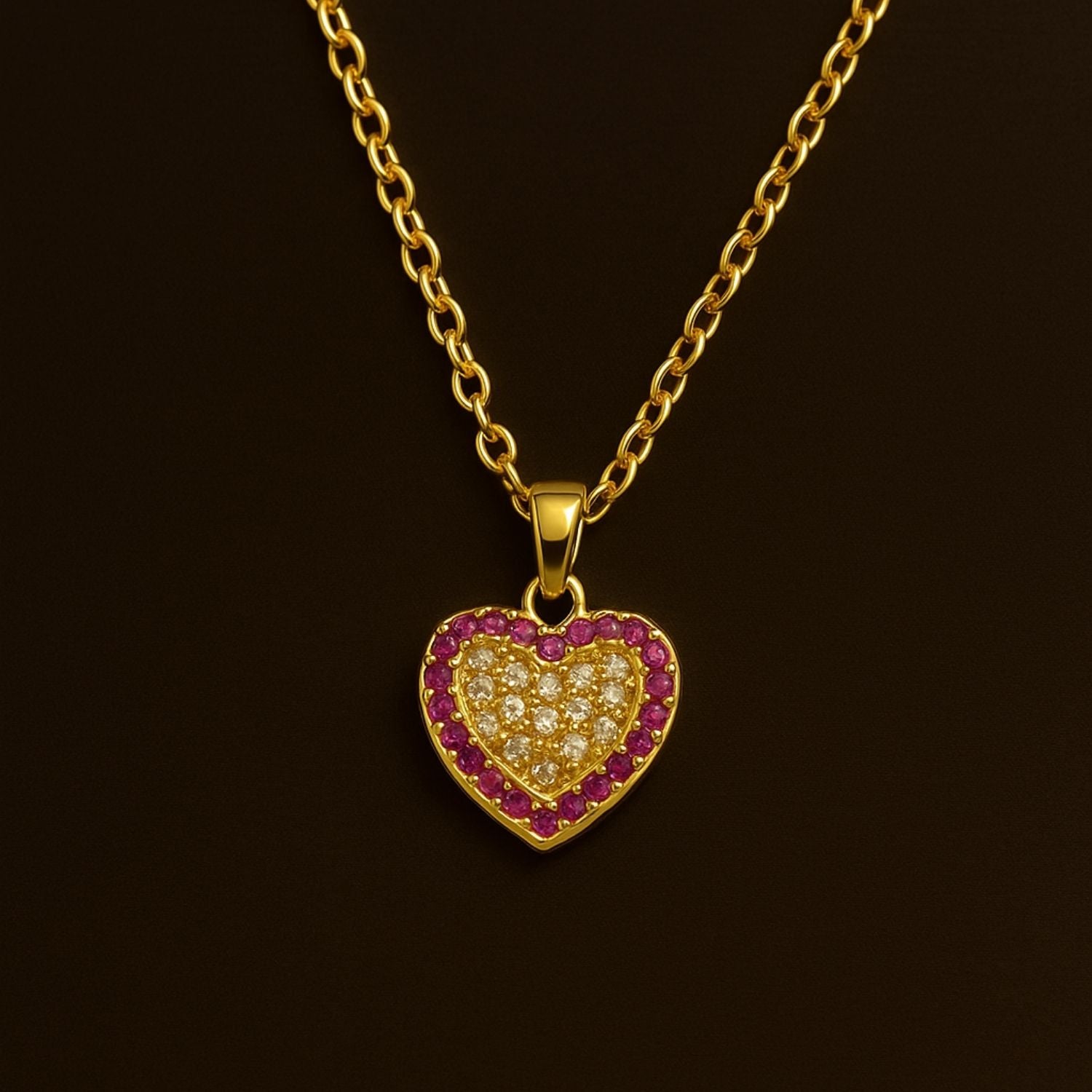 Gold-Tone Heart Pendant Necklace with Ruby & Diamond Accents