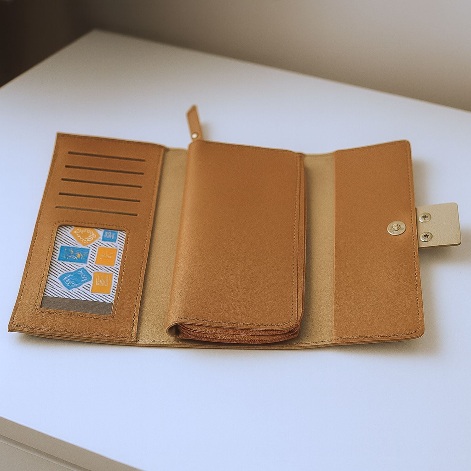 Women’s Belt-Buckle Long Wallet – PU Leather Clutch with Zip Compartment, ID Window & 6+ Card Slots, Snap Closure (Tan/Camel Brown)