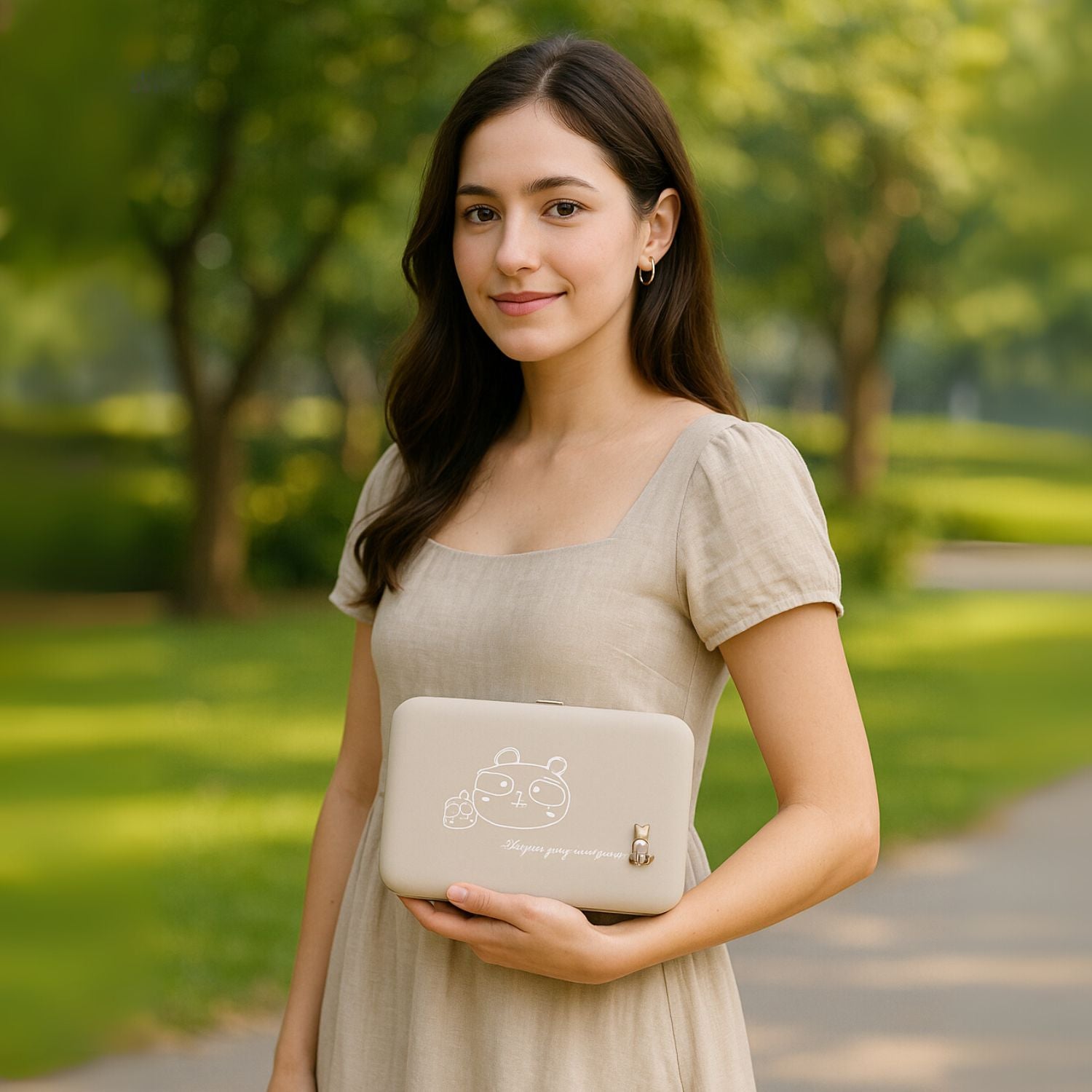 Women’s PU Leather Clutch Wallet with Phone Holder, Card Slots & ID Window – Cartoon Print, Metal Frame, Snap Closure – Stylish Hand Purse for Girls/Ladies (Beige/Pink)