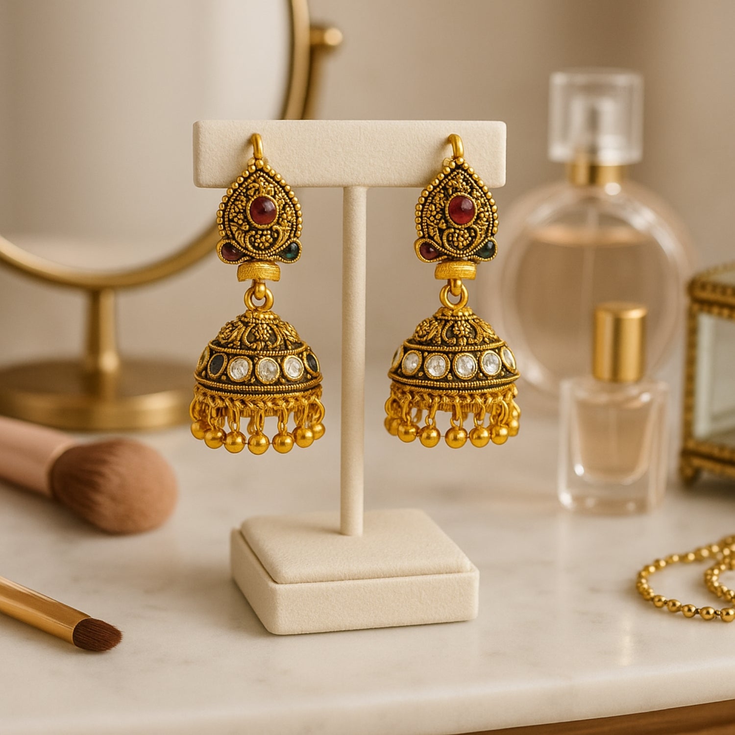 Traditional Golden (Mini) Jhumka Earrings for Women & Girls | Antique Temple Design With Red & Green Stones | Festive Wedding Ethnic Indian Jewellery | Anti-Tarnish