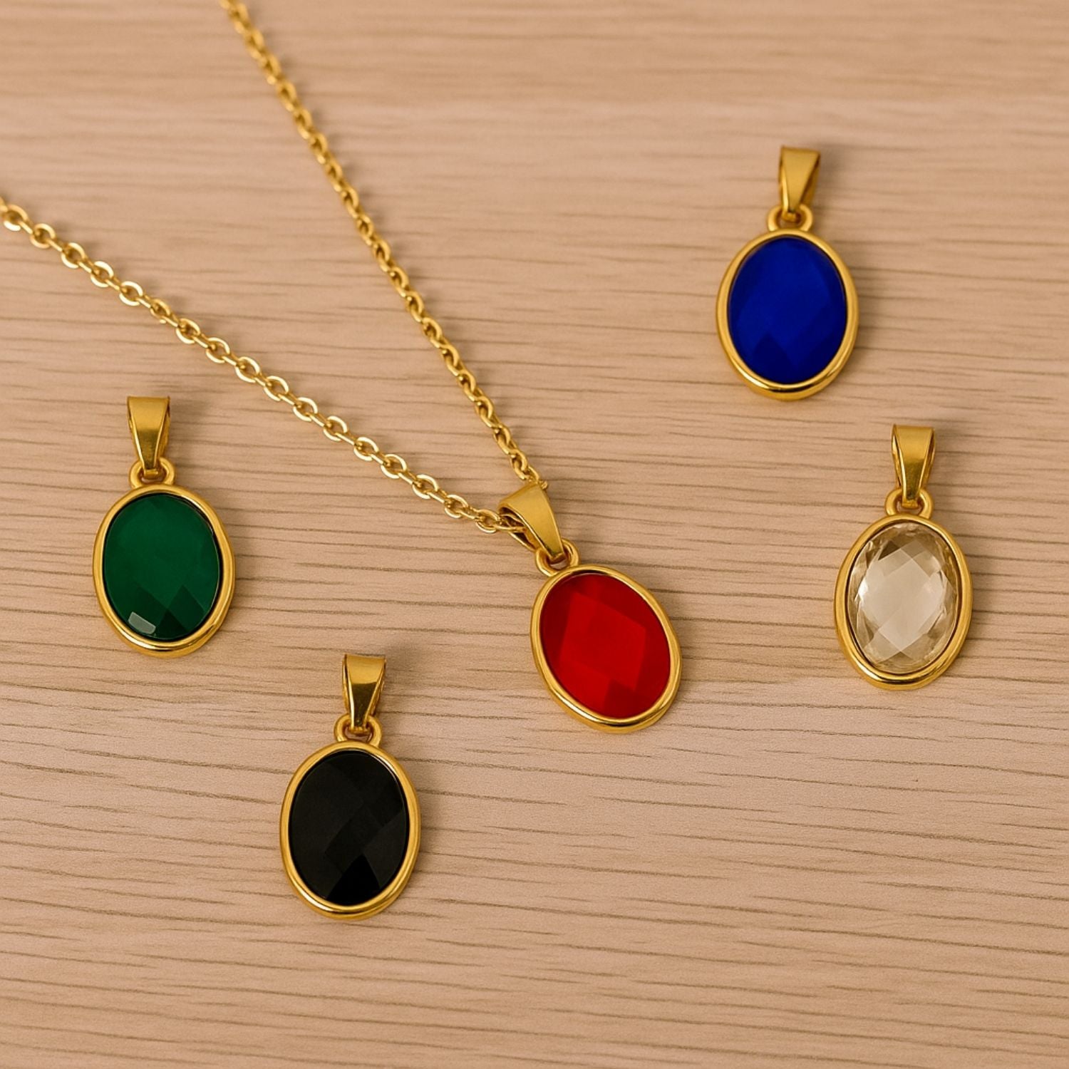 Premium Elegant Oval Gemstone Pendant Necklace Set – 5 Interchangeable Charms
