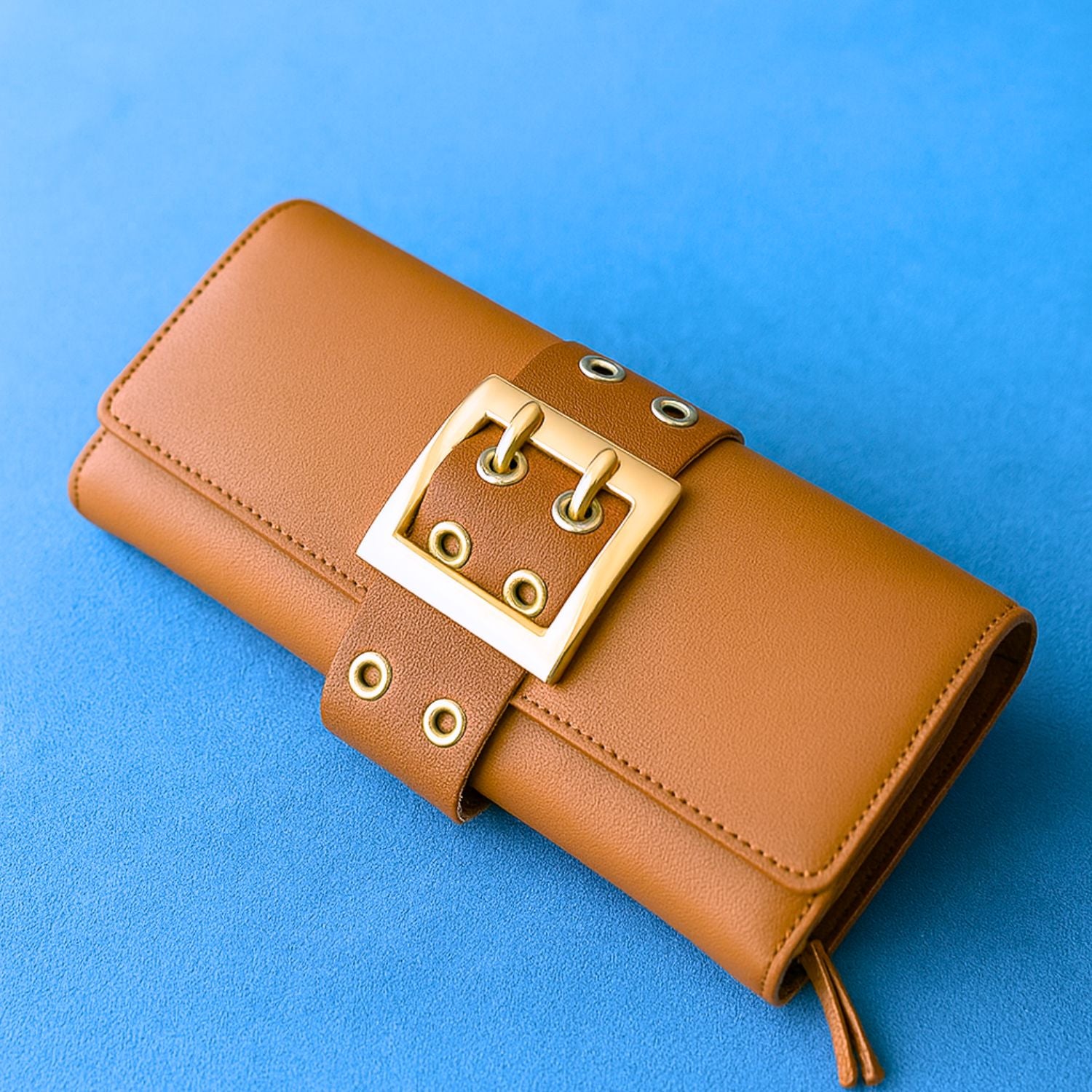 Women’s Belt-Buckle Long Wallet – PU Leather Clutch with Zip Compartment, ID Window & 6+ Card Slots, Snap Closure (Tan/Camel Brown)