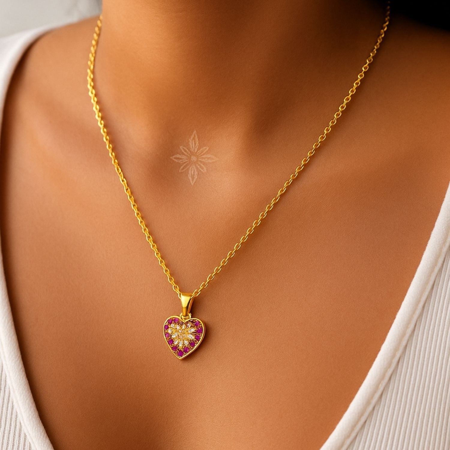 Gold-Tone Heart Pendant Necklace with Ruby & Diamond Accents