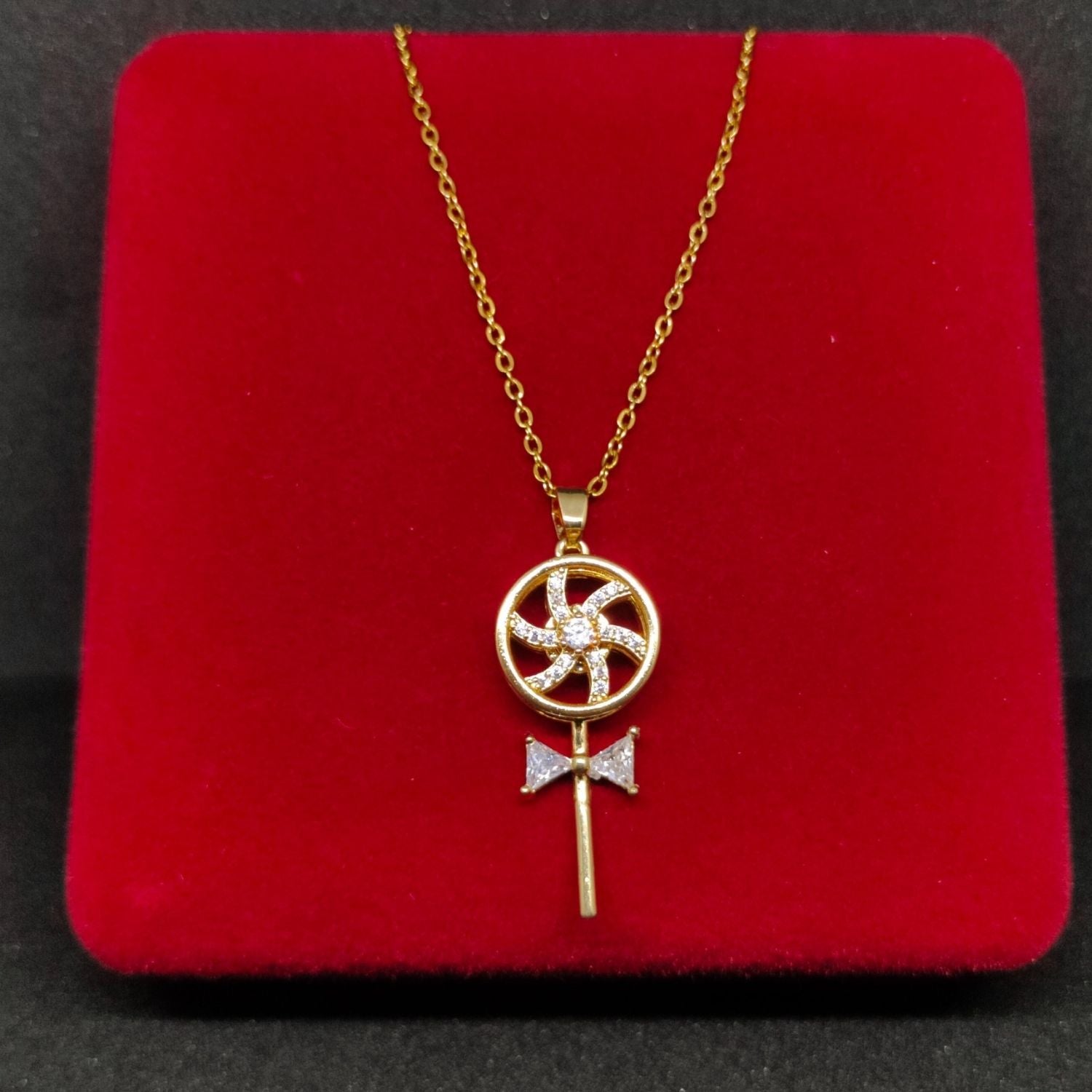 Golden Key Design Pendant Necklace with Crystals