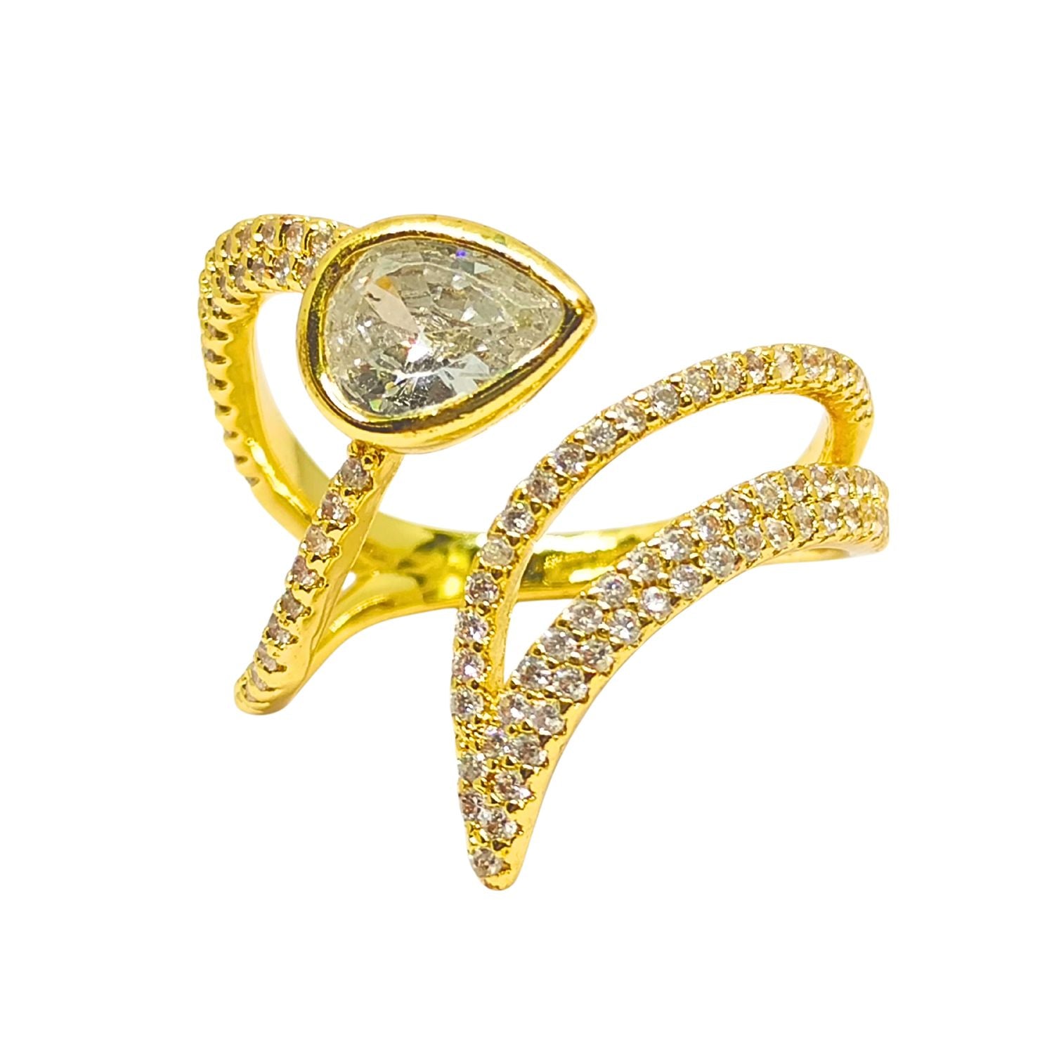 Women’s Gold-Tone Bypass Ring with Pear-Shaped Cubic Zirconia | Split-Shank Micro-Pavé Cocktail Statement Ring