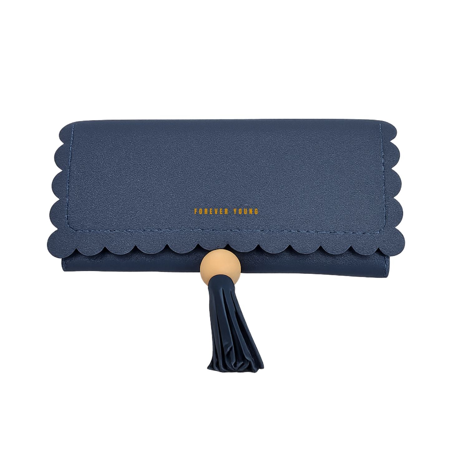 Women’s Scallop-Edge Long Wallet – PU Leather Clutch with Tassel Charm, Zip-Around Compartment, ID Window & 8+ Card Slots (Navy Blue)