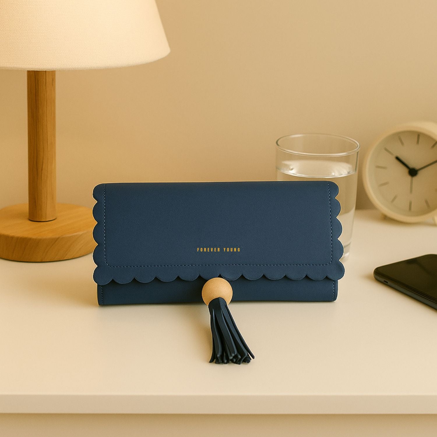Women’s Scallop-Edge Long Wallet – PU Leather Clutch with Tassel Charm, Zip-Around Compartment, ID Window & 8+ Card Slots (Navy Blue)