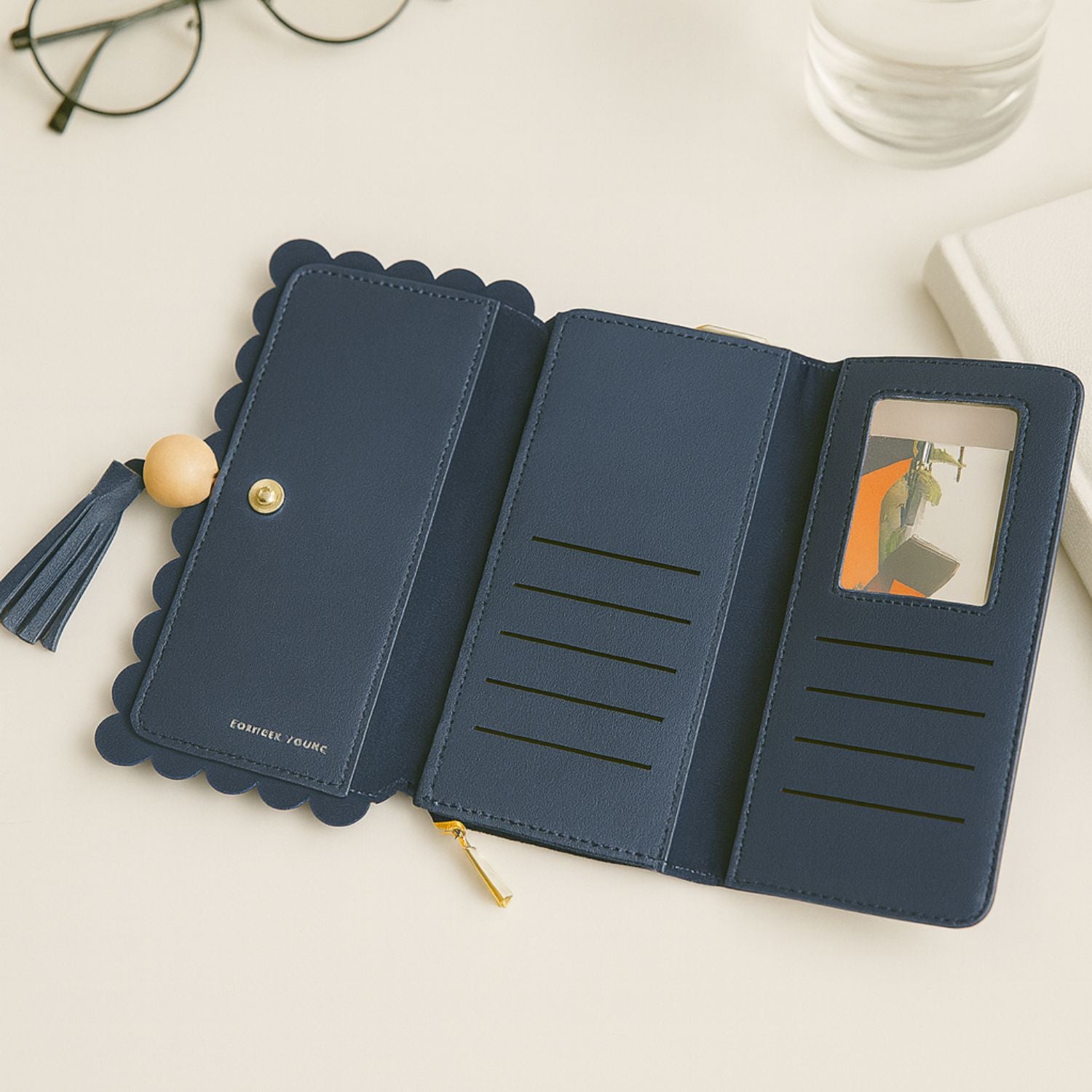 Women’s Scallop-Edge Long Wallet – PU Leather Clutch with Tassel Charm, Zip-Around Compartment, ID Window & 8+ Card Slots (Navy Blue)